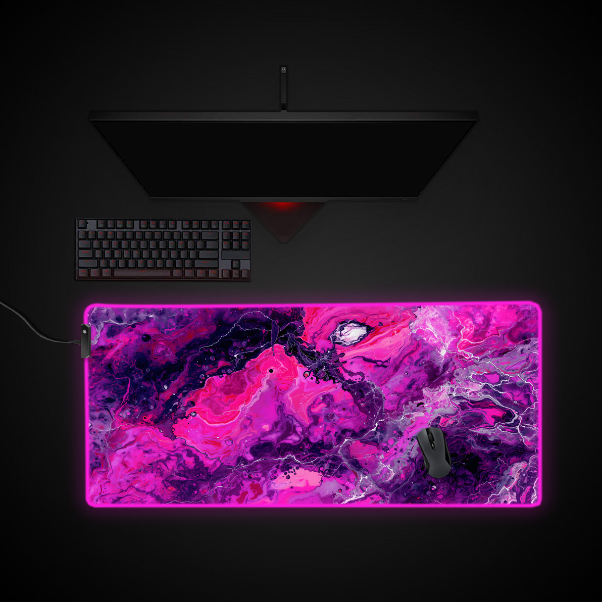 Magenta Liquid desk mat with RGB edge lighting