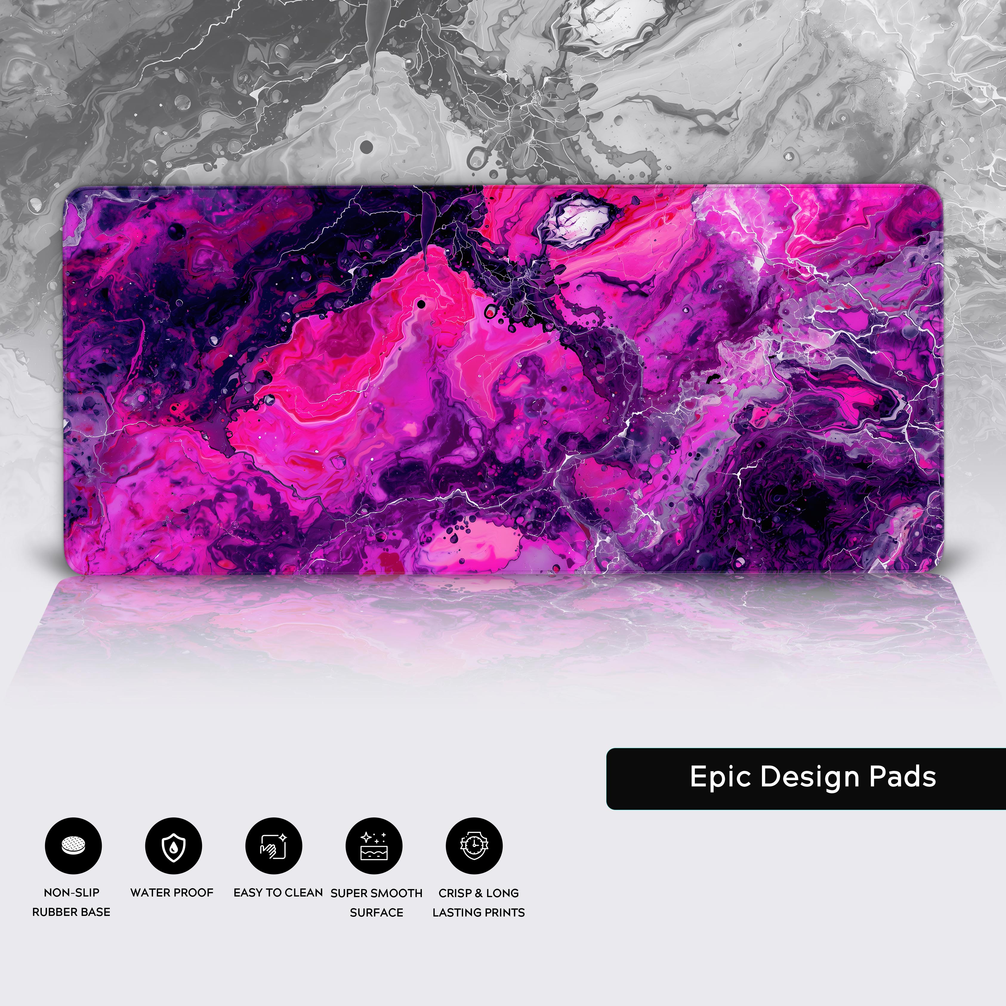 Close-up of the Magenta Liquid desk mat, highlighting the non-slip rubber base, durable stitched edges, and smooth, water-resistant surface. - Epic Design Pads & Mousepads