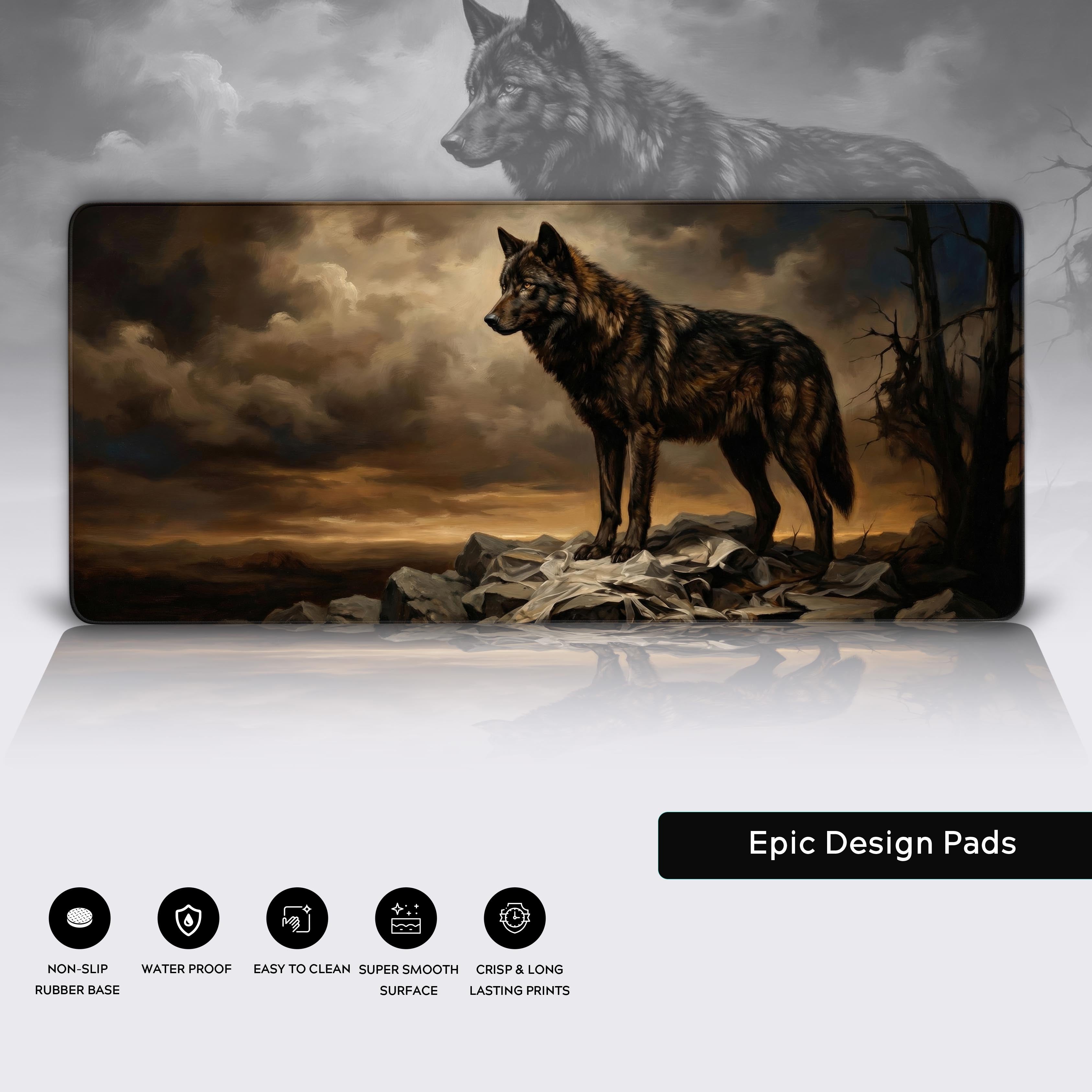 Close-up of the Lone Wolf desk mat showing its durable stitched edges, water-resistant surface, and non-slip rubber base. - Epic Design Pads & Mousepads