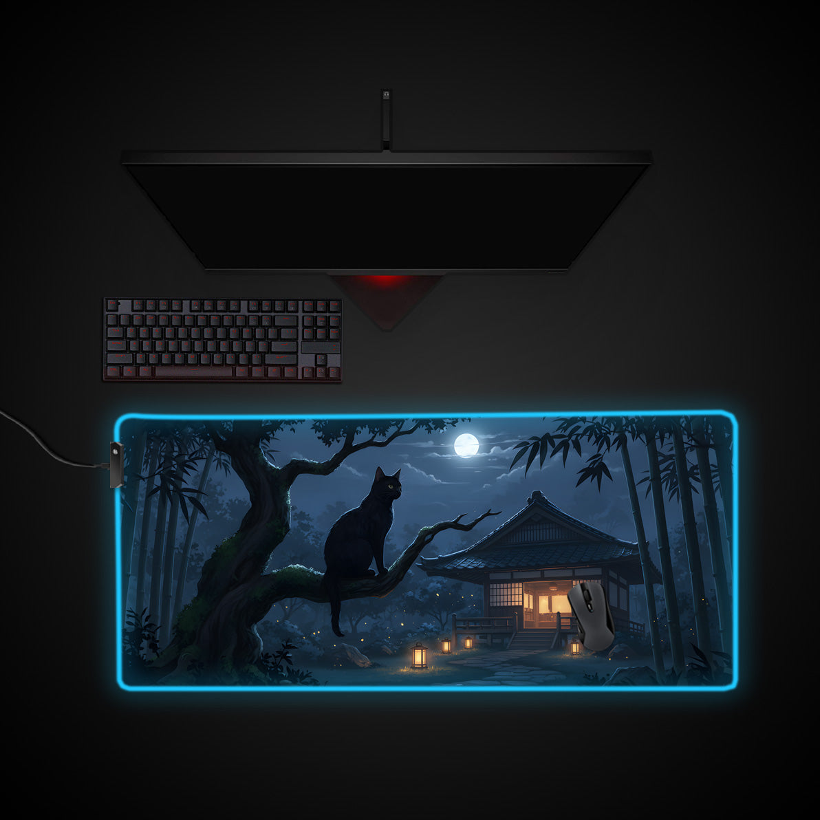 Moonlit Watcher desk mat with RGB edge lighting