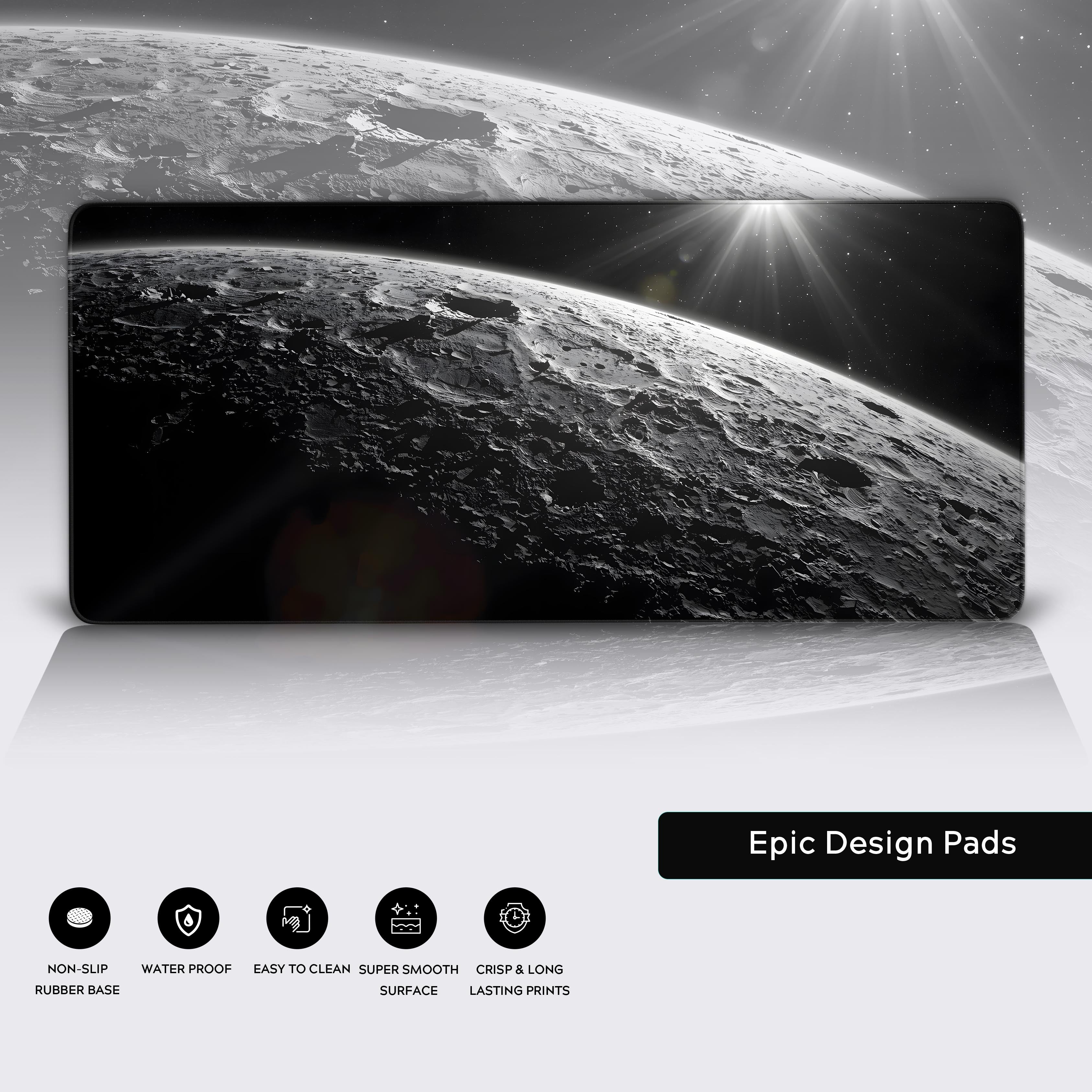 Close-up of the Moon Surface large mouse pad showcasing its durable stitched edges and non-slip rubber base. - Epic Design Pads & Mousepads