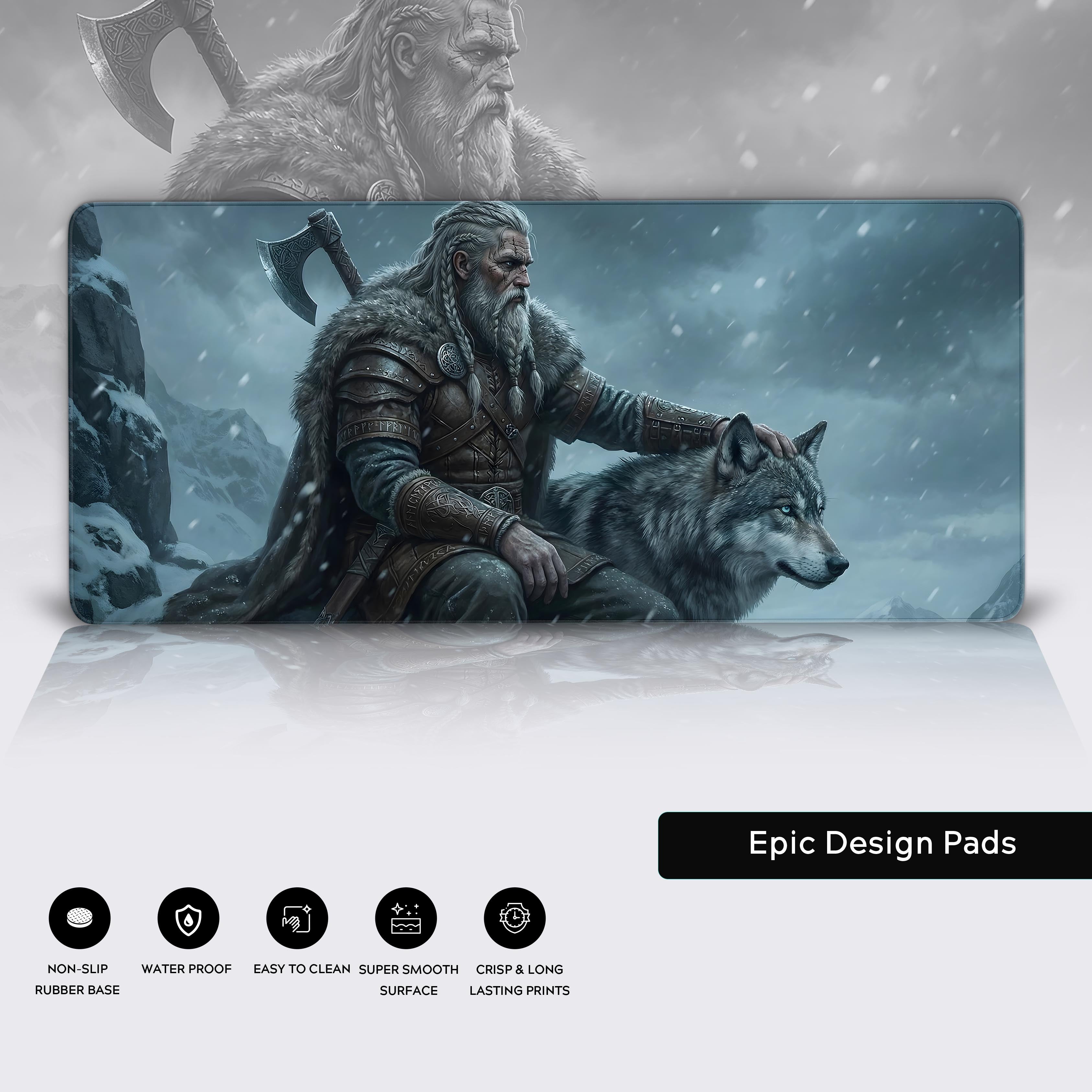 Close-up of the Nordic Vigilance Viking desk mat, highlighting the durable stitched edges, non-slip base, and smooth, water-resistant surface. - Epic Design Pads & Mousepads
