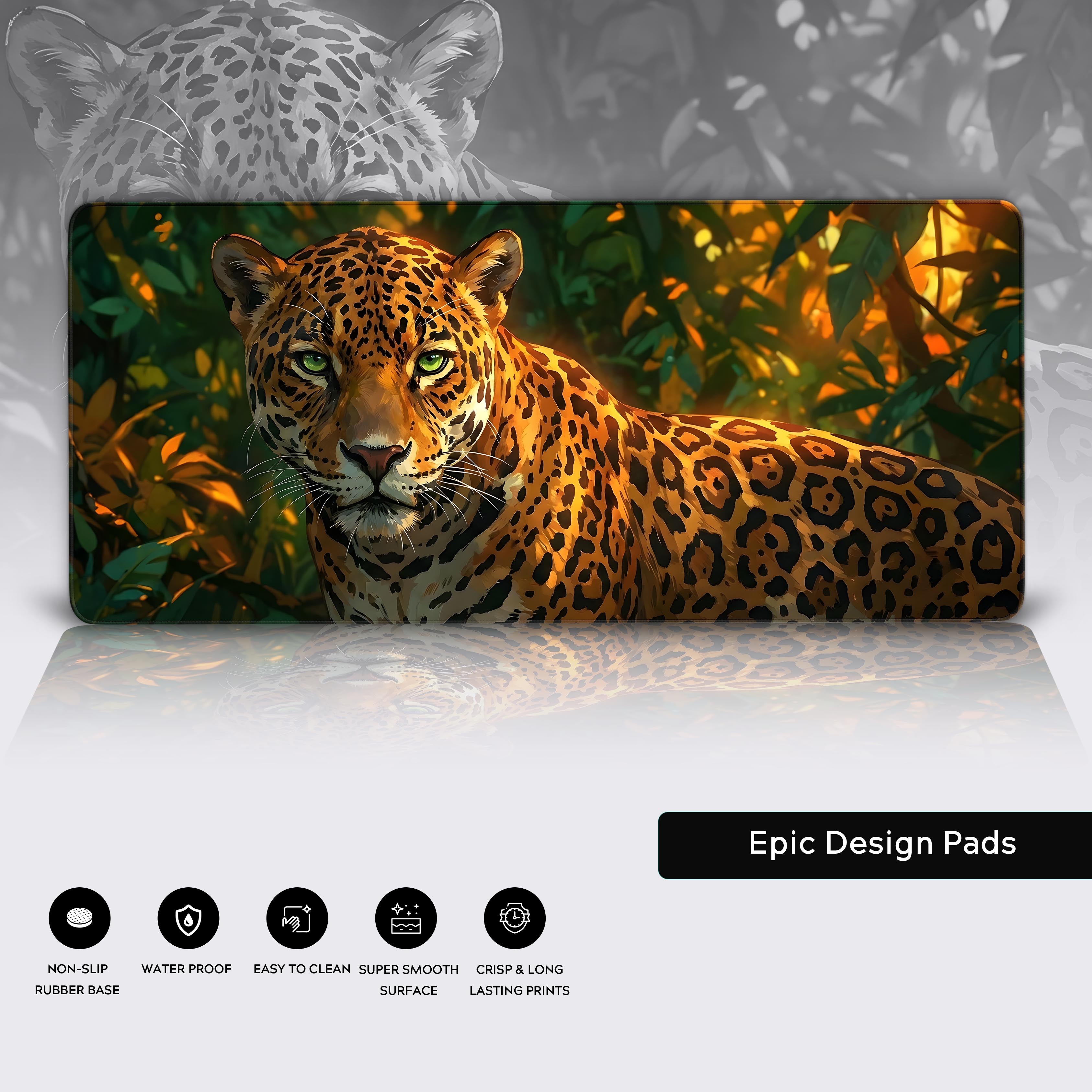 Golden Jungle desk mat showcasing a close-up of the jaguar artwork, durable stitched edges, and the non-slip rubber base. - Epic Design Pads & Mousepads