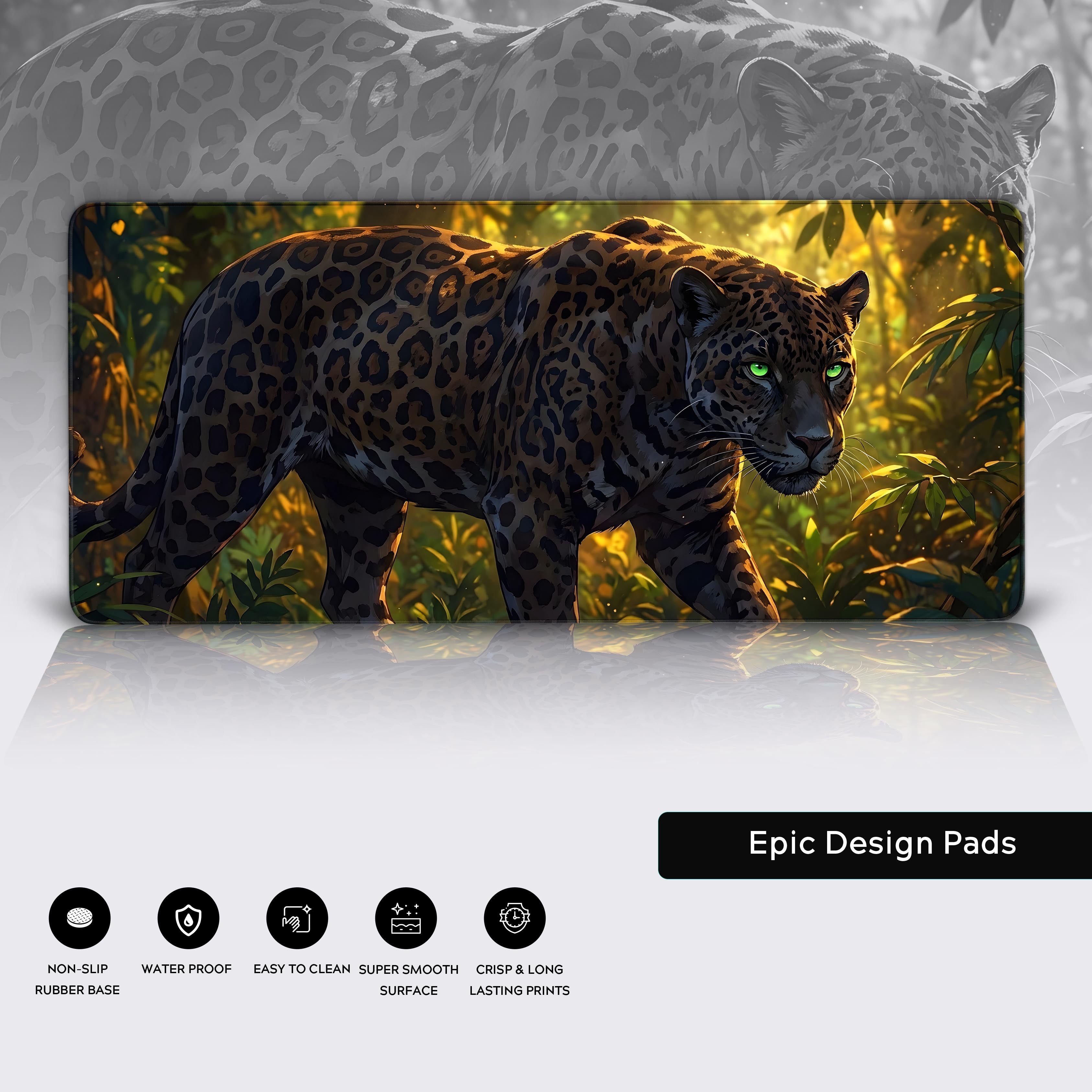 Prowling jaguar gaming mouse pad showcasing details like the non-slip rubber base and durable stitched edges for long-lasting use. - Epic Design Pads & Mousepads