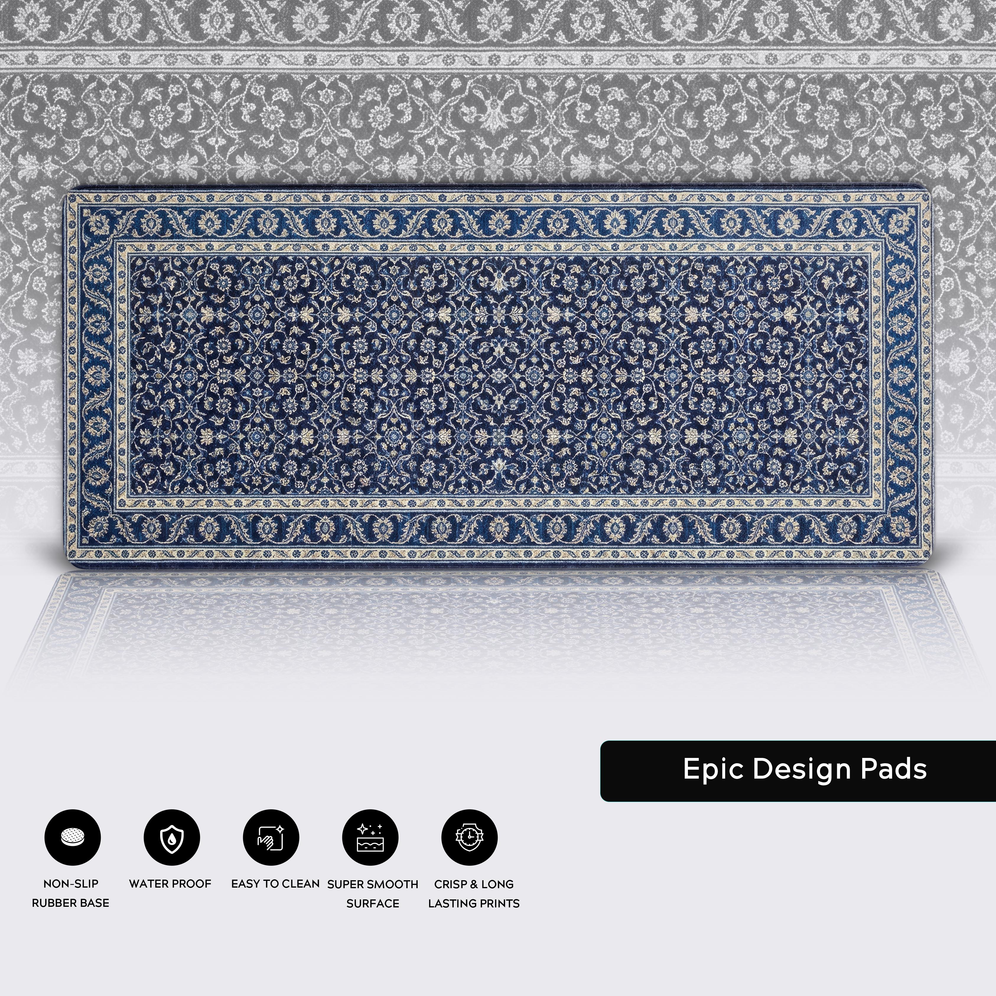 Close-up of the Royal Persian desk mat showcasing the detailed floral pattern, durable stitched edges, and non-slip rubber base for stability. - Epic Design Pads & Mousepads