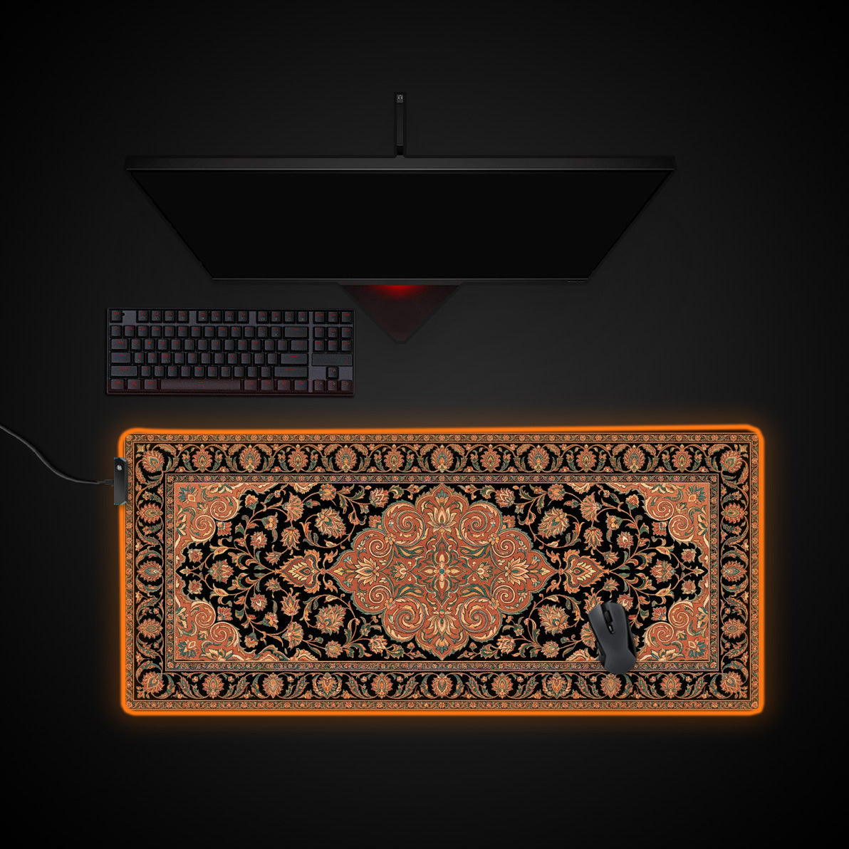 Terracotta Persian desk mat with RGB edge lighting