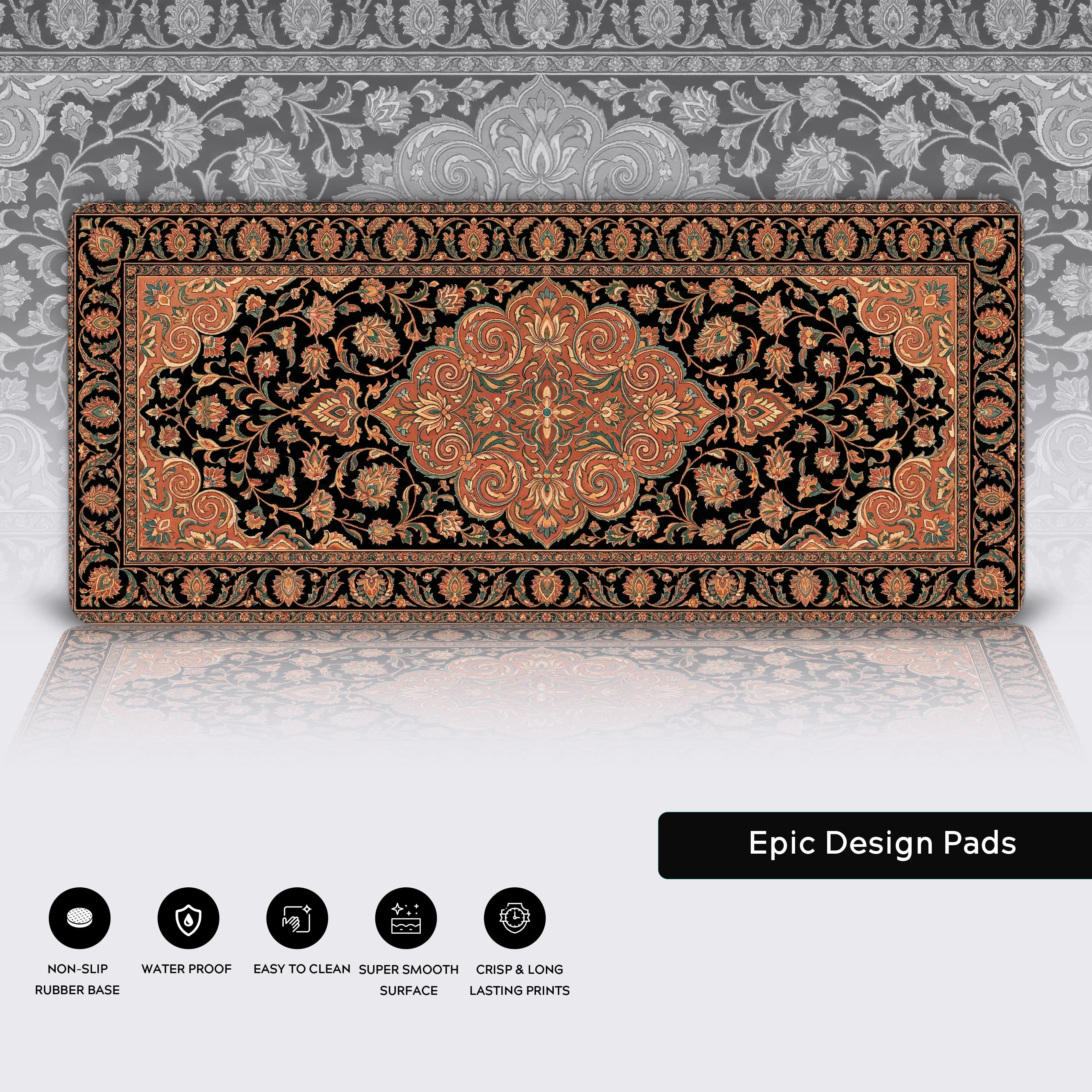 Close-up of the Terracotta Persian rug desk mat highlighting the stitched edges, water-resistant surface, and non-slip rubber base. - Epic Design Pads & Mousepads