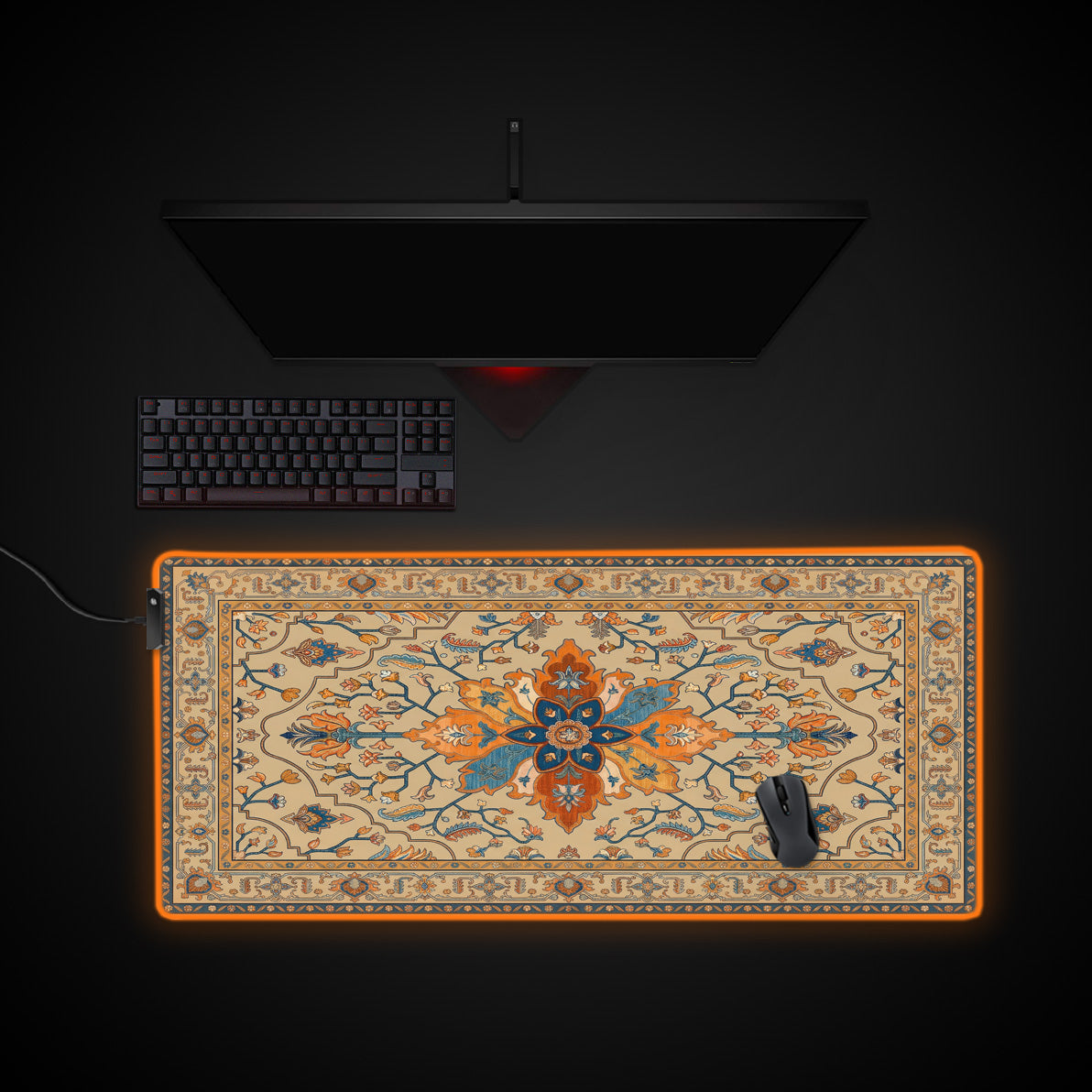 Golden Persian desk mat with RGB edge lighting
