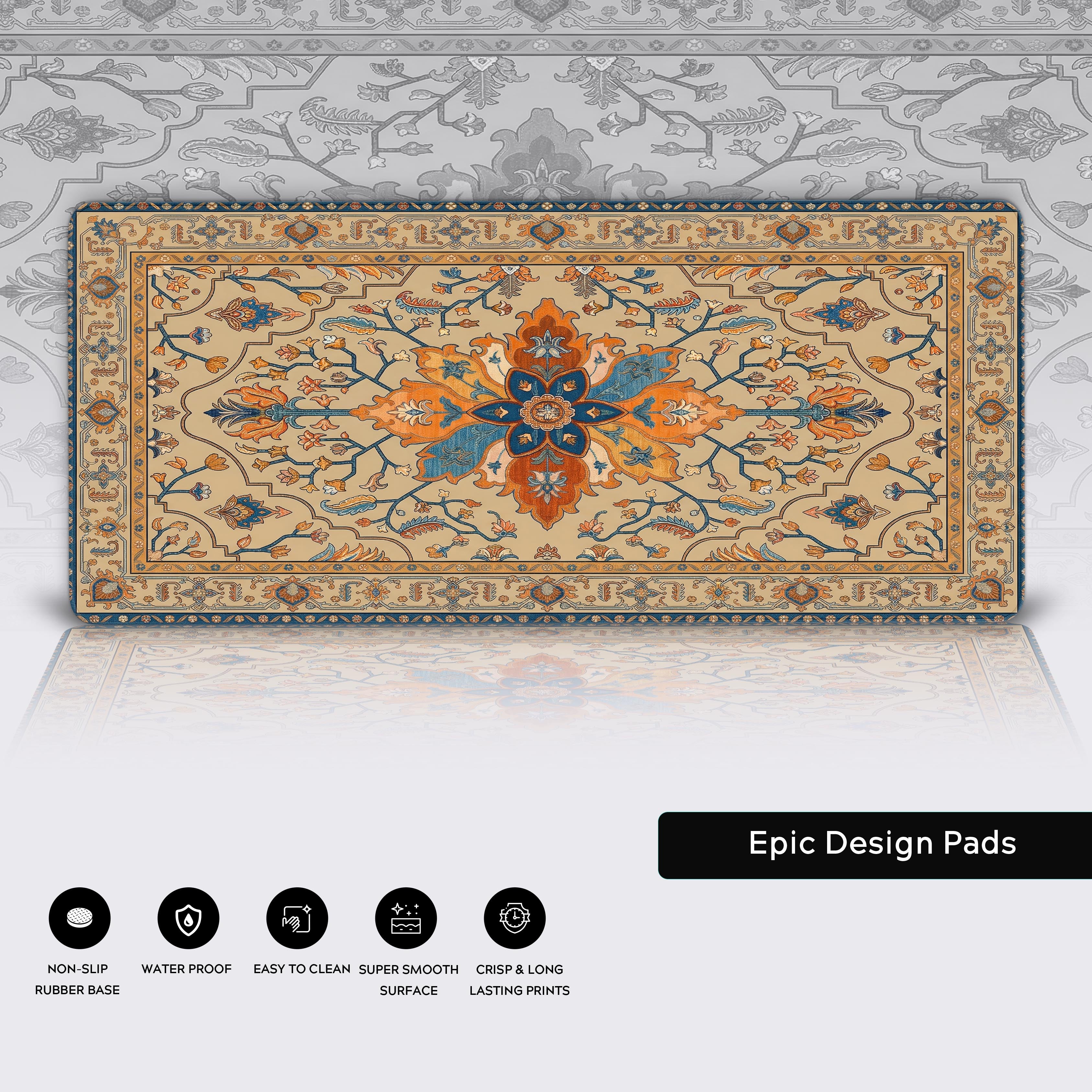 Close-up of the Golden Persian desk mat showing the detailed print, smooth water-resistant surface, and durable stitched edges. - Epic Design Pads & Mousepads