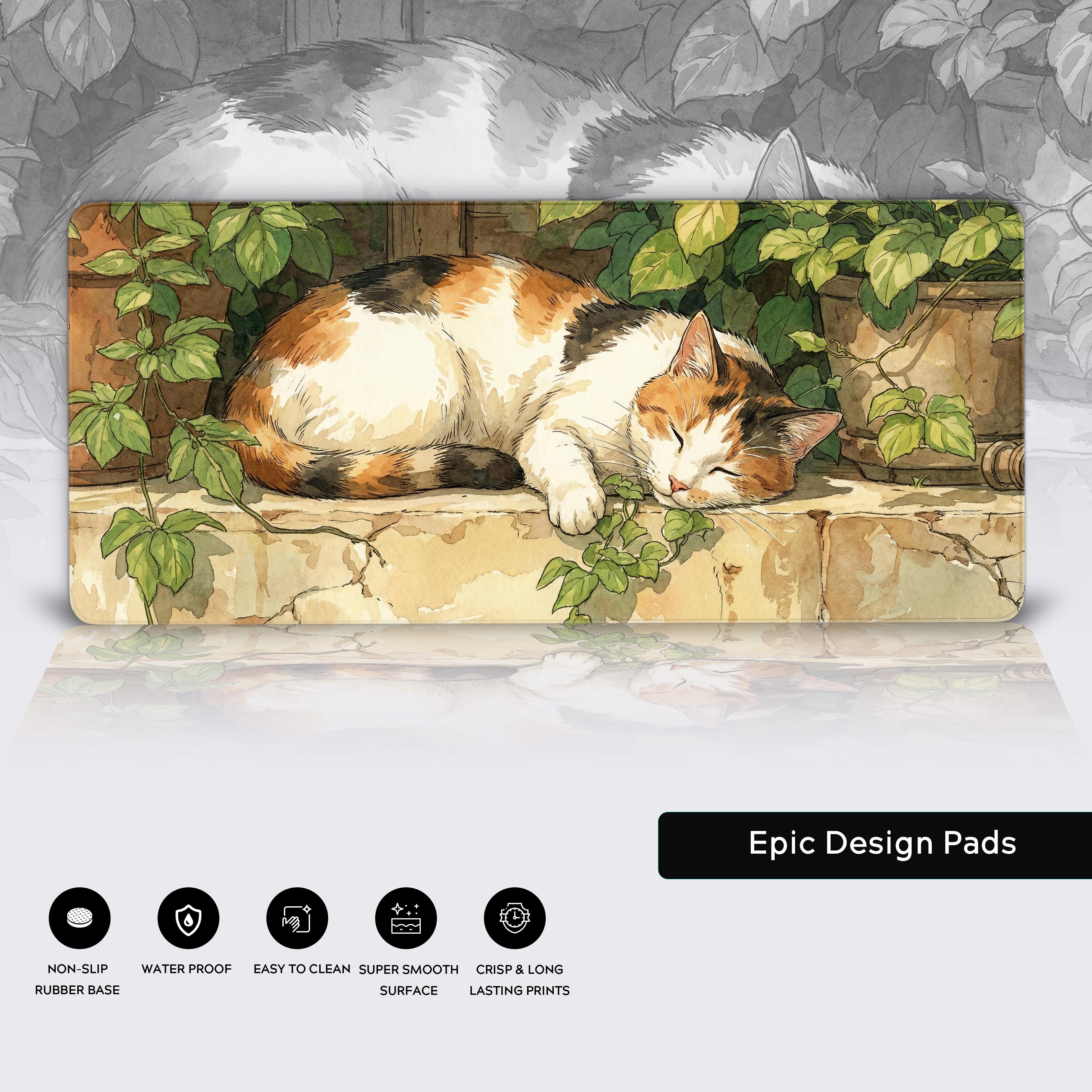 Close-up of the Cozy Calico cat desk mat highlighting the high-quality print, stitched edges, and non-slip rubber base. - Epic Design Pads & Mousepads