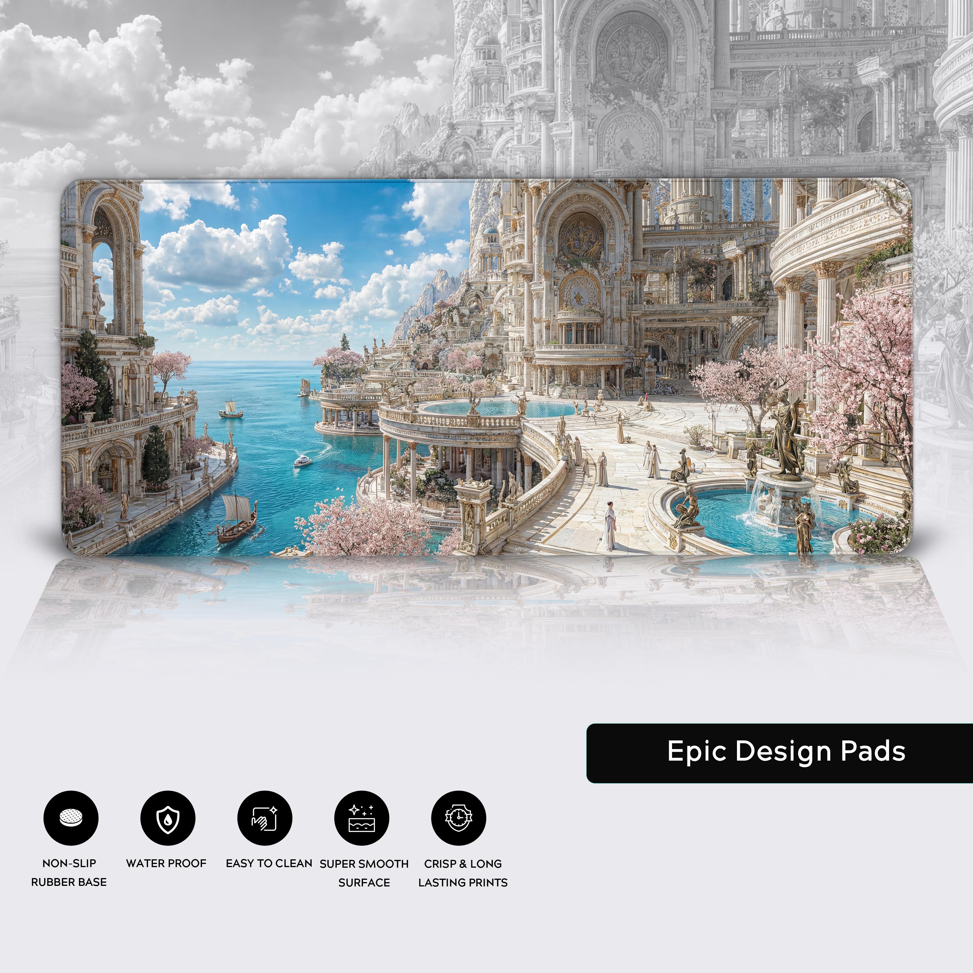 Elysian Port desk mat showcasing the smooth fabric, durable stitched edges, and a non-slip rubber base for stability. - Epic Design Pads & Mousepads