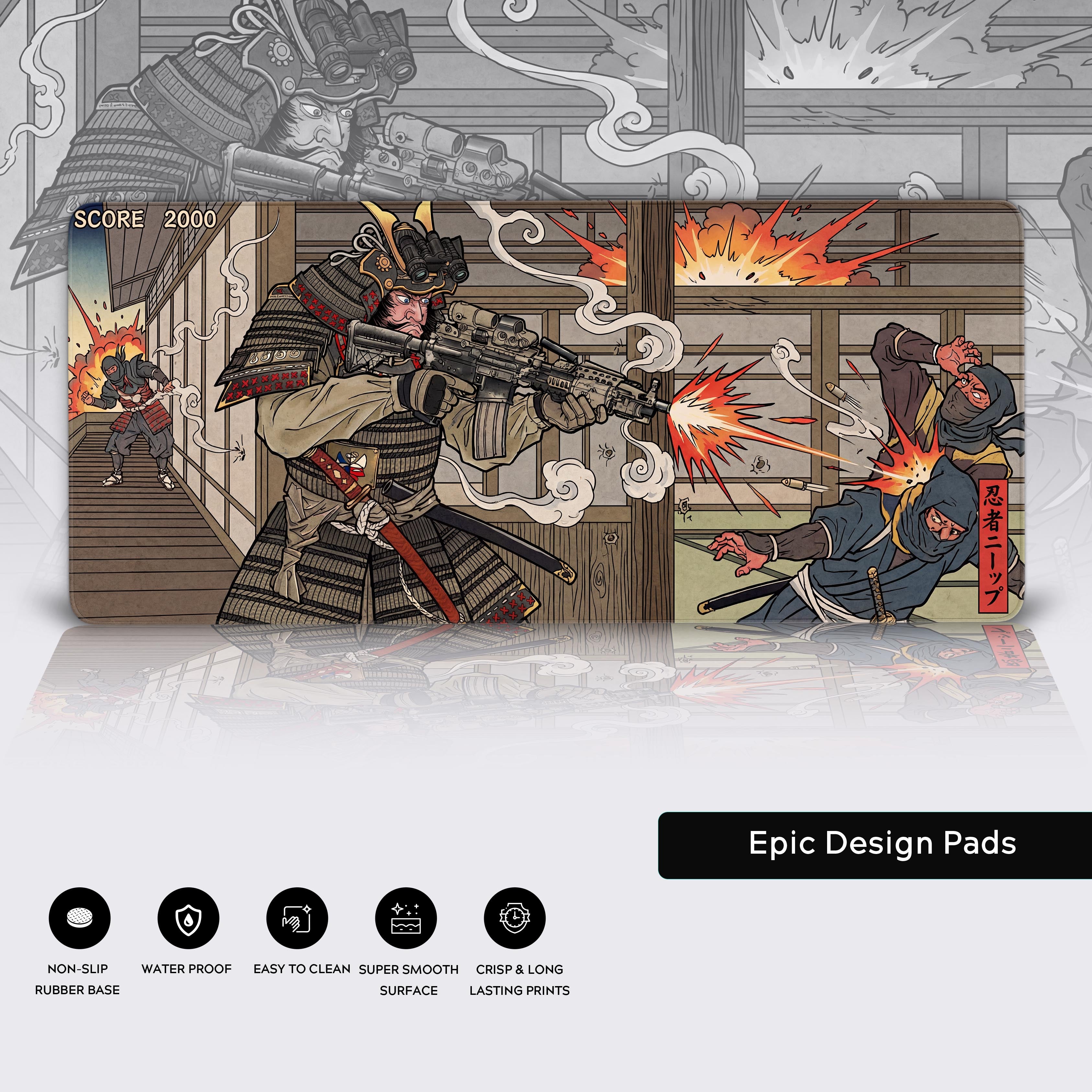 Close-up of the Edo FPS Japanese samurai desk mat, showcasing the durable stitched edges, water-resistant surface, and non-slip rubber base. - Epic Design Pads & Mousepads