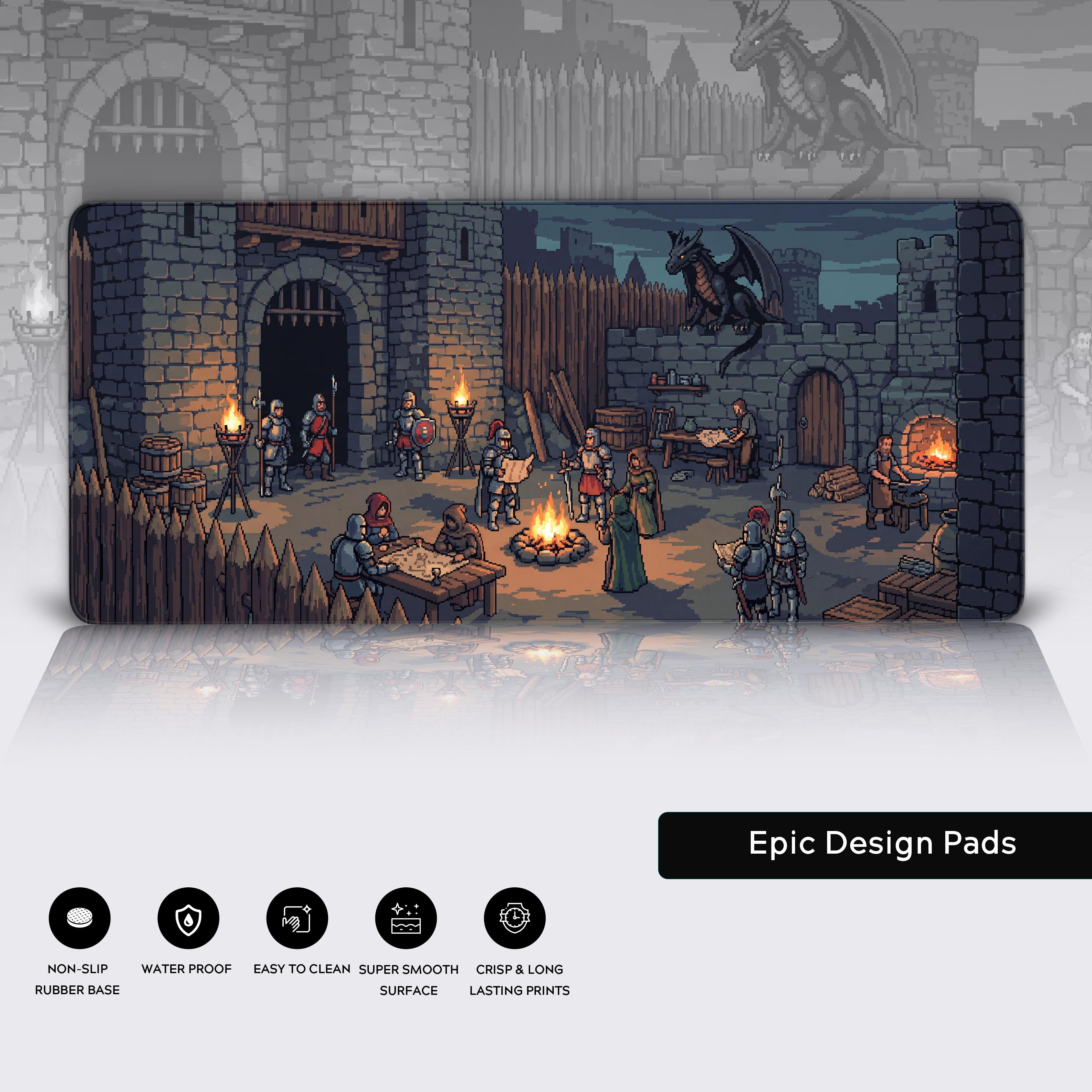 Close-up of the Pixel Night desk mat's 16-bit RPG design, showing the high-quality stitched edges and smooth, water-resistant surface. - Epic Design Pads & Mousepads