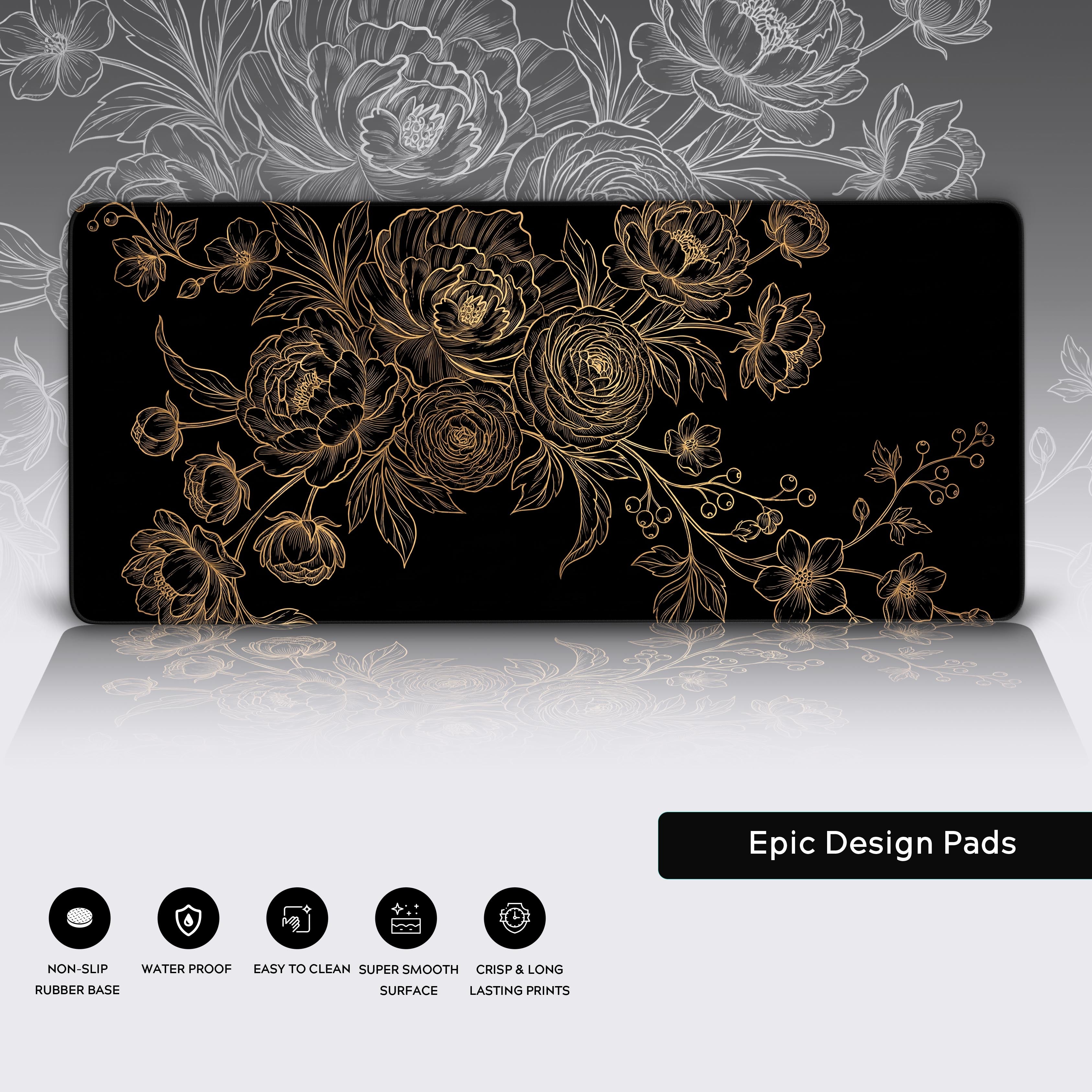 Close-up of the Gilded Flora desk mat, highlighting the detailed gold line art, durable stitched edges, and non-slip rubber base. - Epic Design Pads & Mousepads