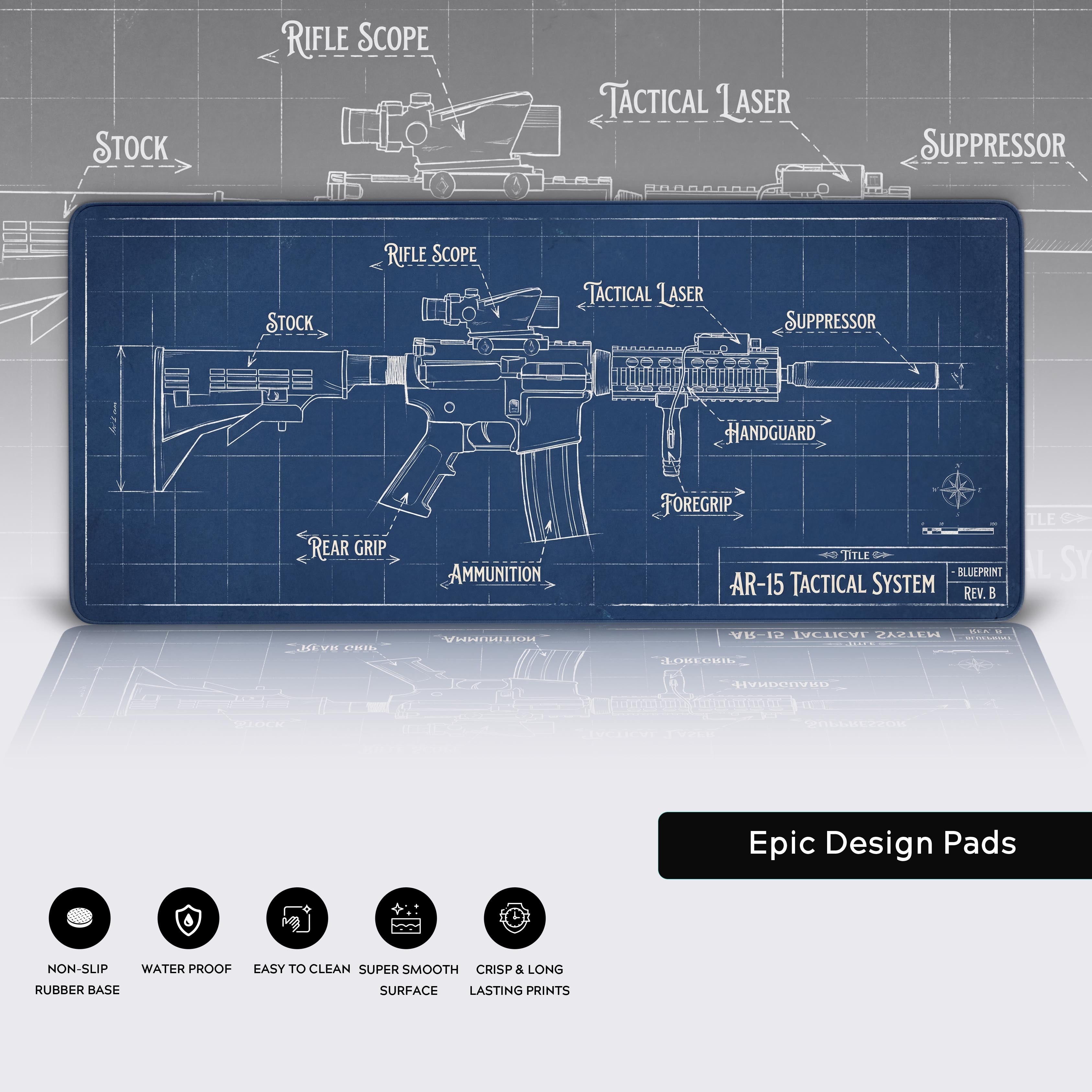 Close-up of the tactical blueprint desk mat, showcasing the durable stitched edges and smooth, water-resistant surface. The non-slip rubber base is visible underneath. - Epic Design Pads & Mousepads