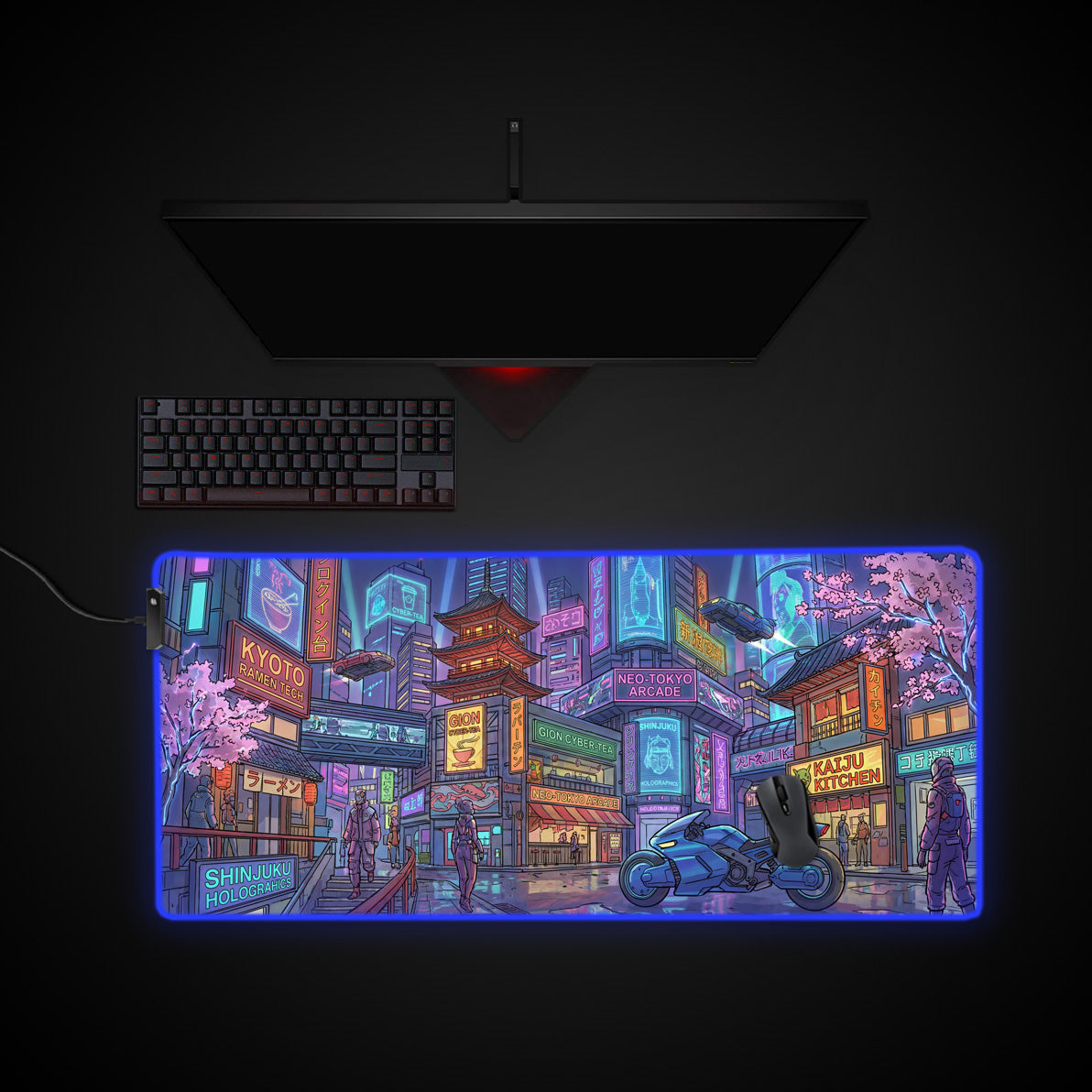Neo Tokyo desk mat with RGB edge lighting