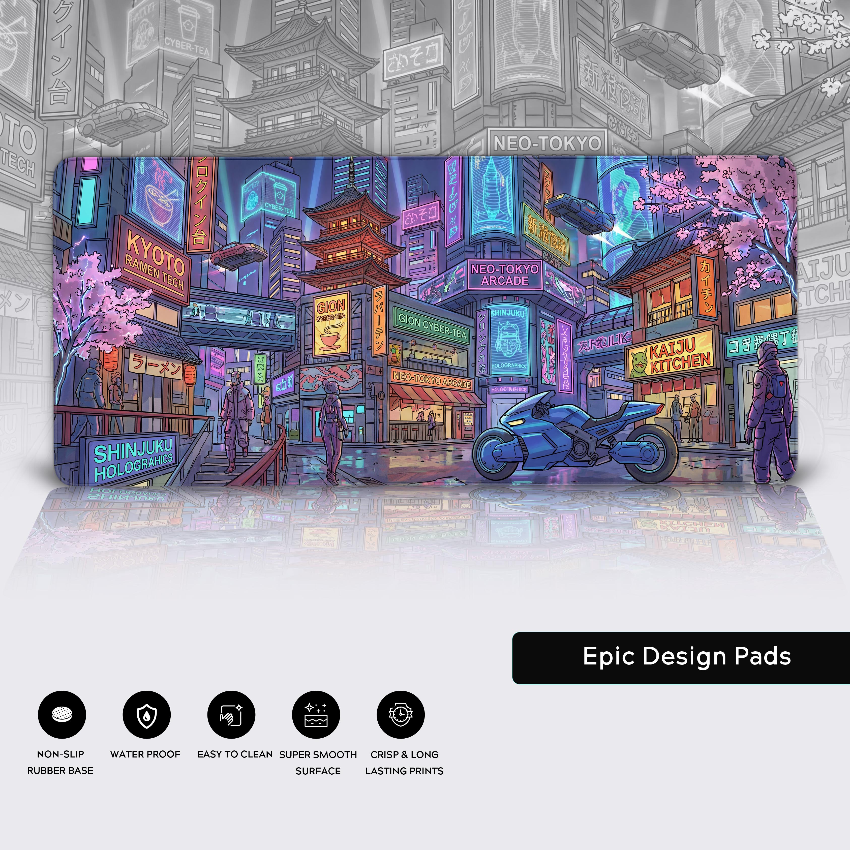 A close-up of the Neo Tokyo desk mat showcasing the high-quality stitched edges, smooth water-resistant surface for mouse glide, and the non-slip rubber base. - Epic Design Pads & Mousepads