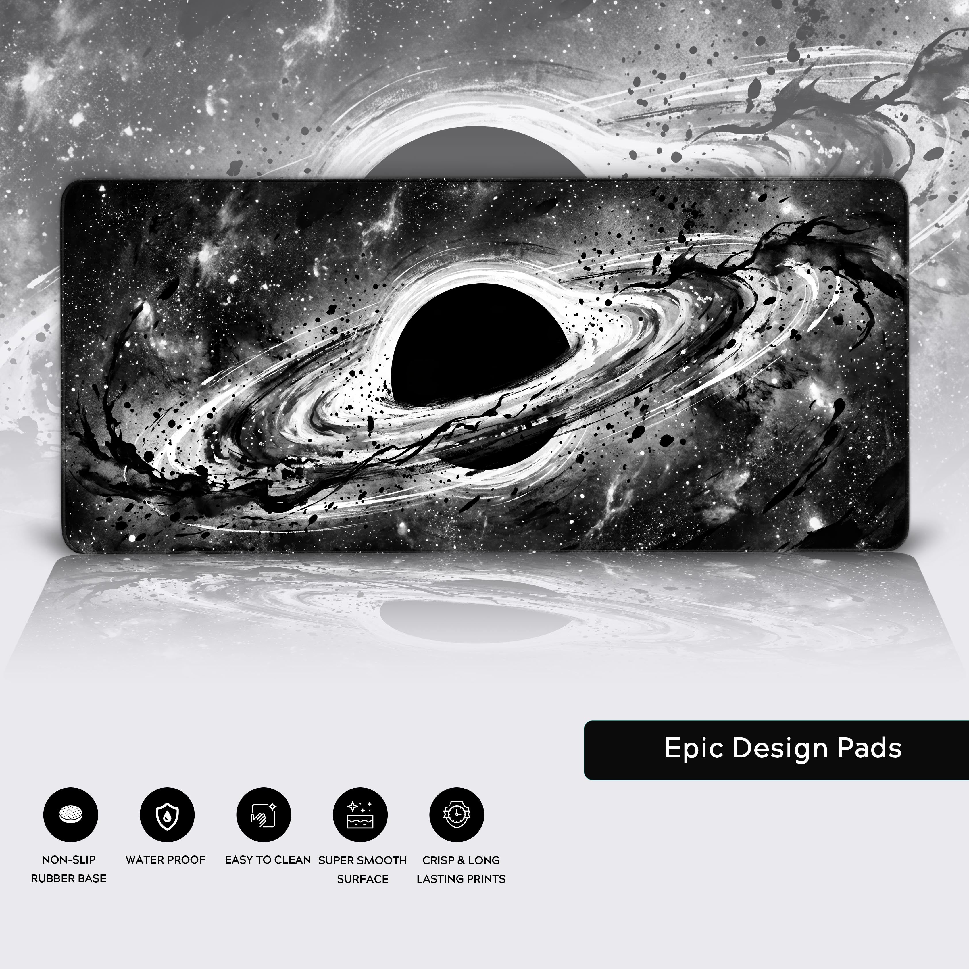 Close-up of the Eternal Void desk mat highlighting its premium stitched edges, smooth glide surface, and non-slip rubber base. - Epic Design Pads & Mousepads