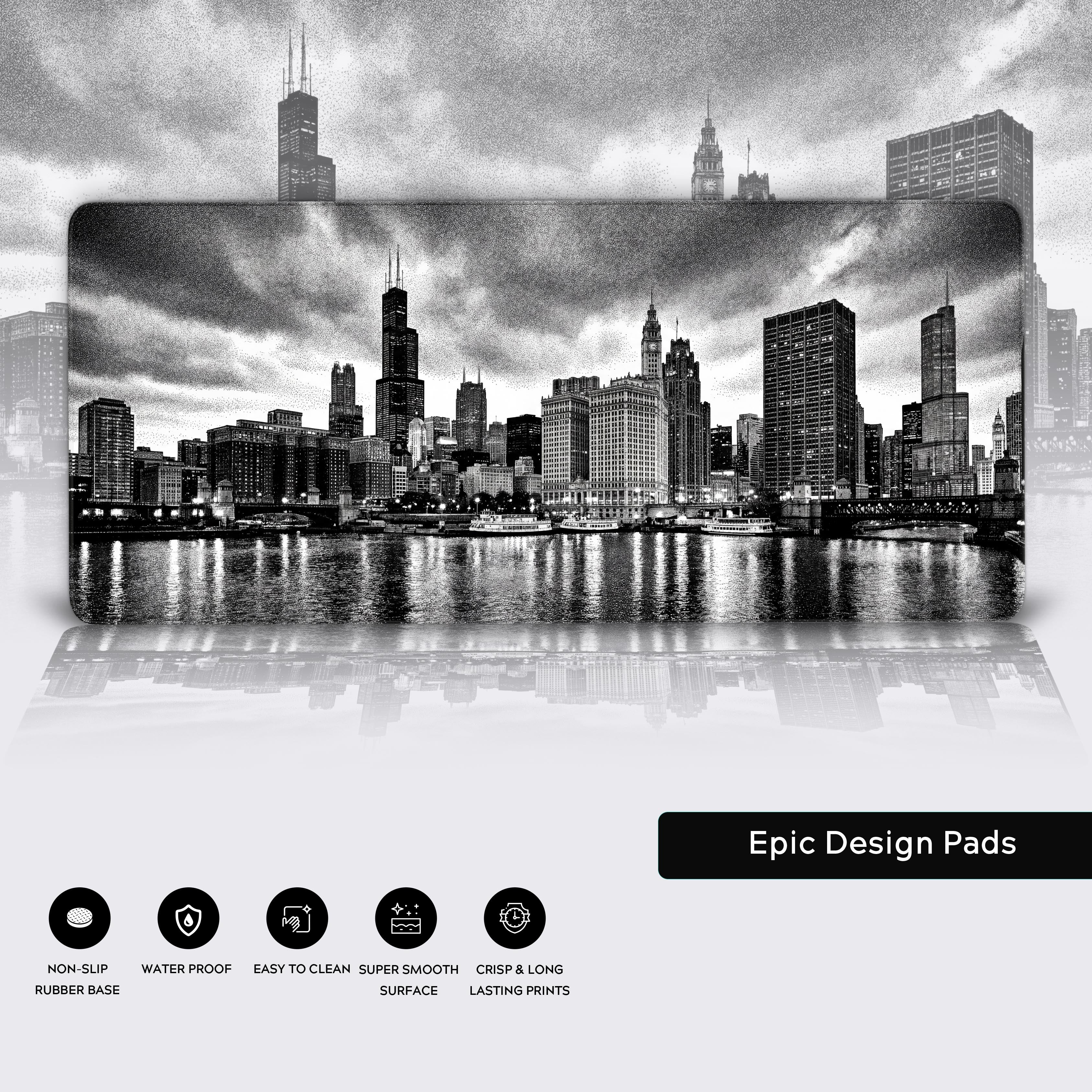 Close-up of the Urban Noir black and white desk mat showcasing the high-quality stitched edges, smooth glide fabric, and non-slip rubber base. - Epic Design Pads & Mousepads