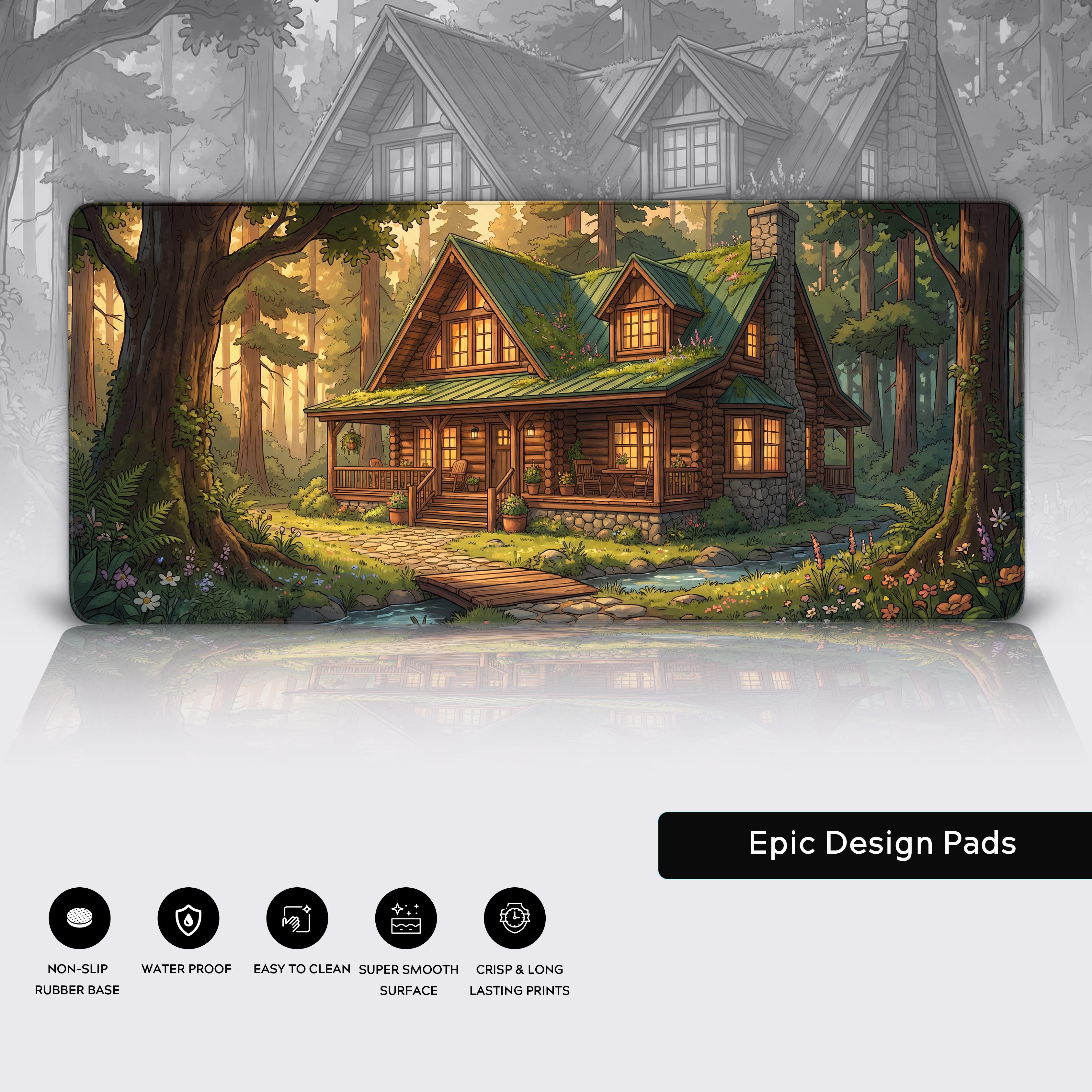 A close-up of the Cozy Cabin desk mat showcasing the high-quality print, durable stitched edges, and non-slip rubber base. - Epic Design Pads & Mousepads