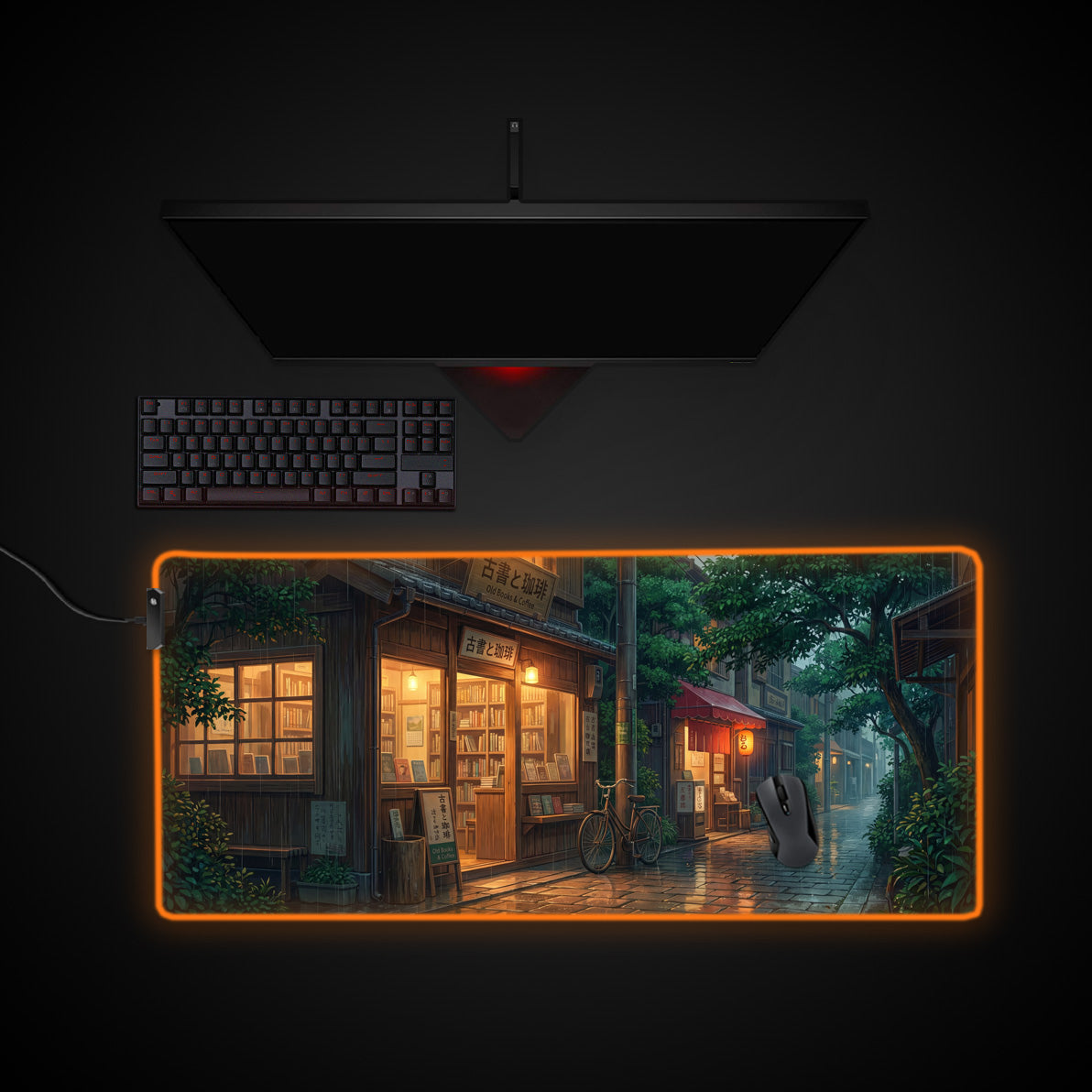Rainy Bookstore desk mat with RGB edge lighting