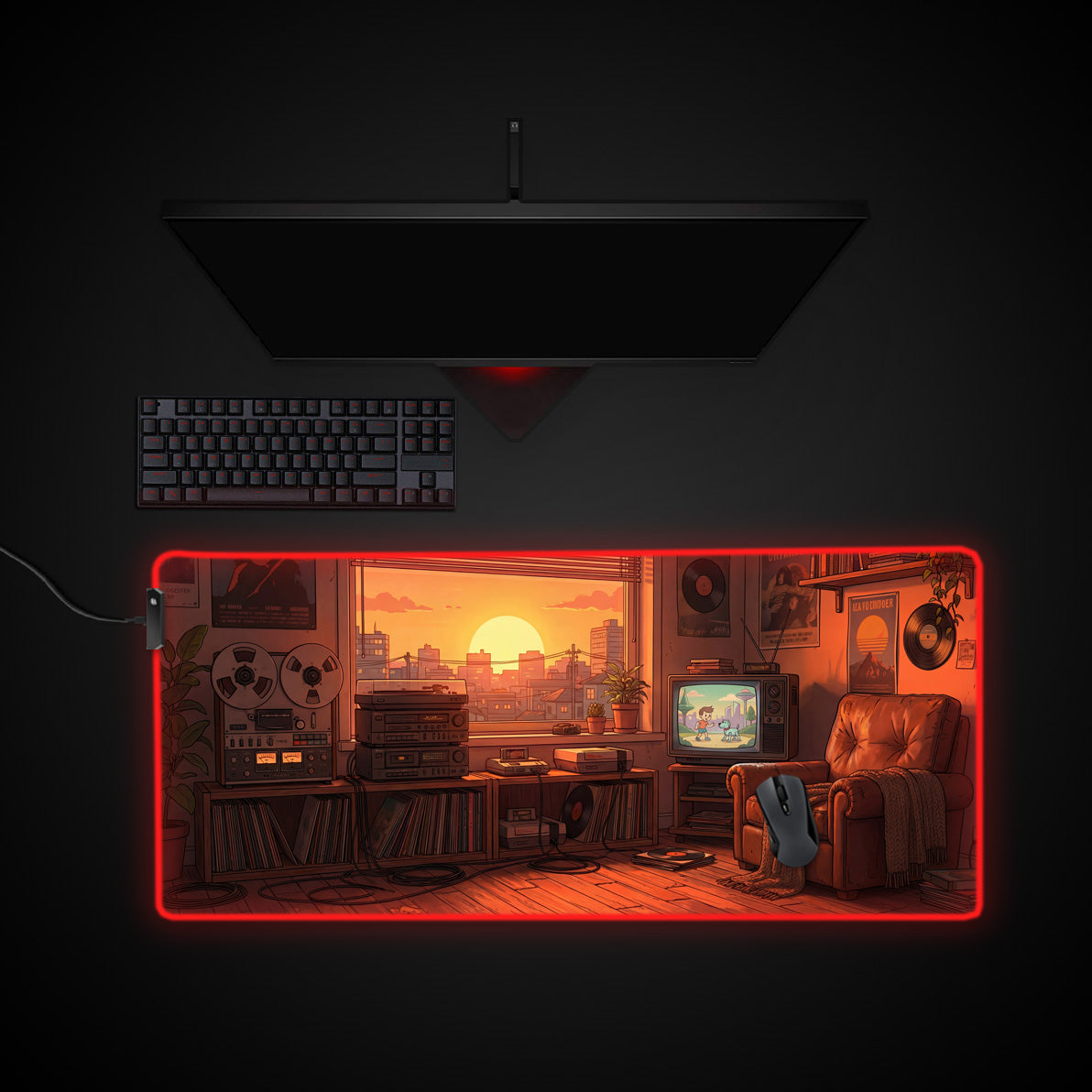 Retro Sunset desk mat with RGB edge lighting