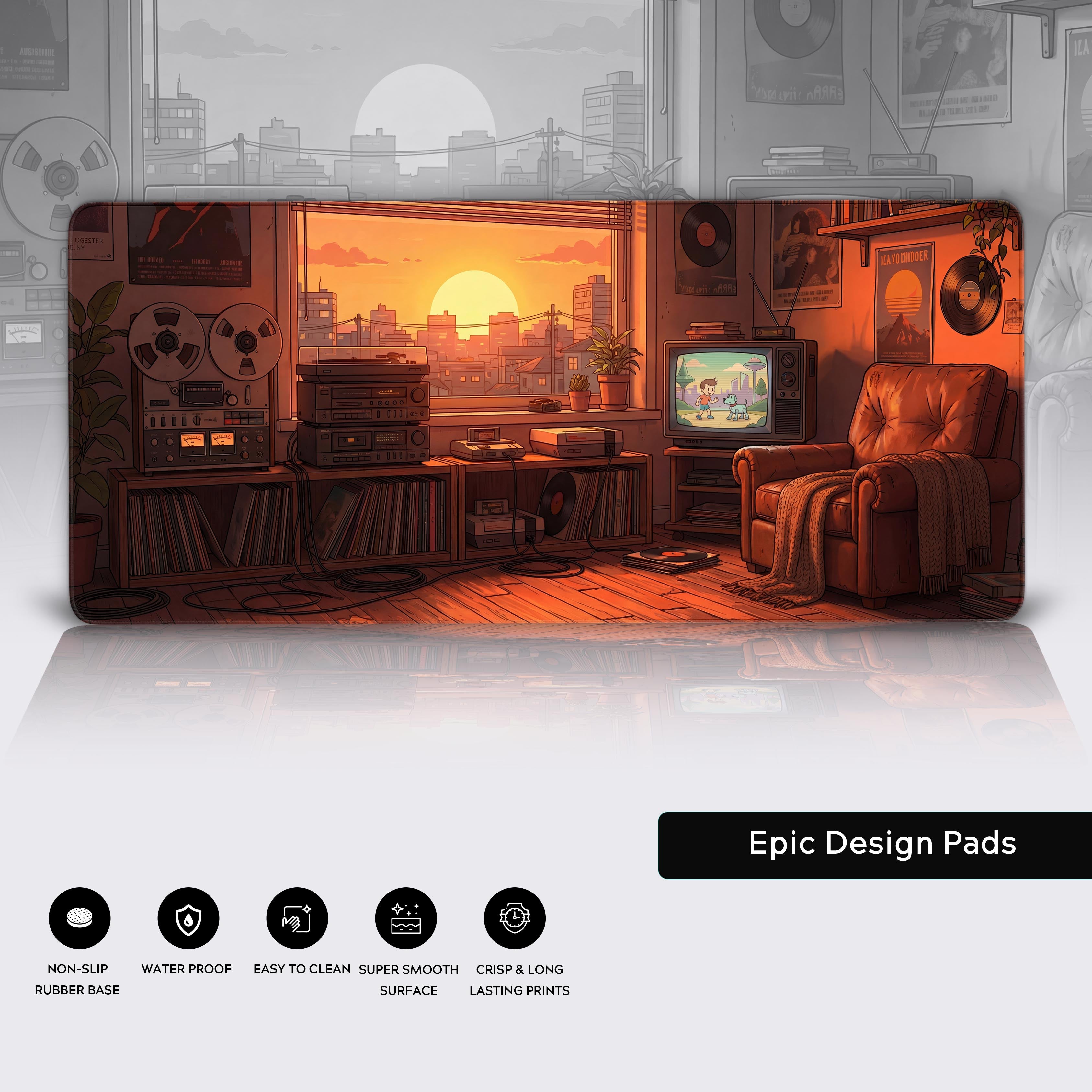 Close-up of the Retro Sunset desk mat highlighting the high-quality print, stitched edges, and non-slip base. - Epic Design Pads & Mousepads