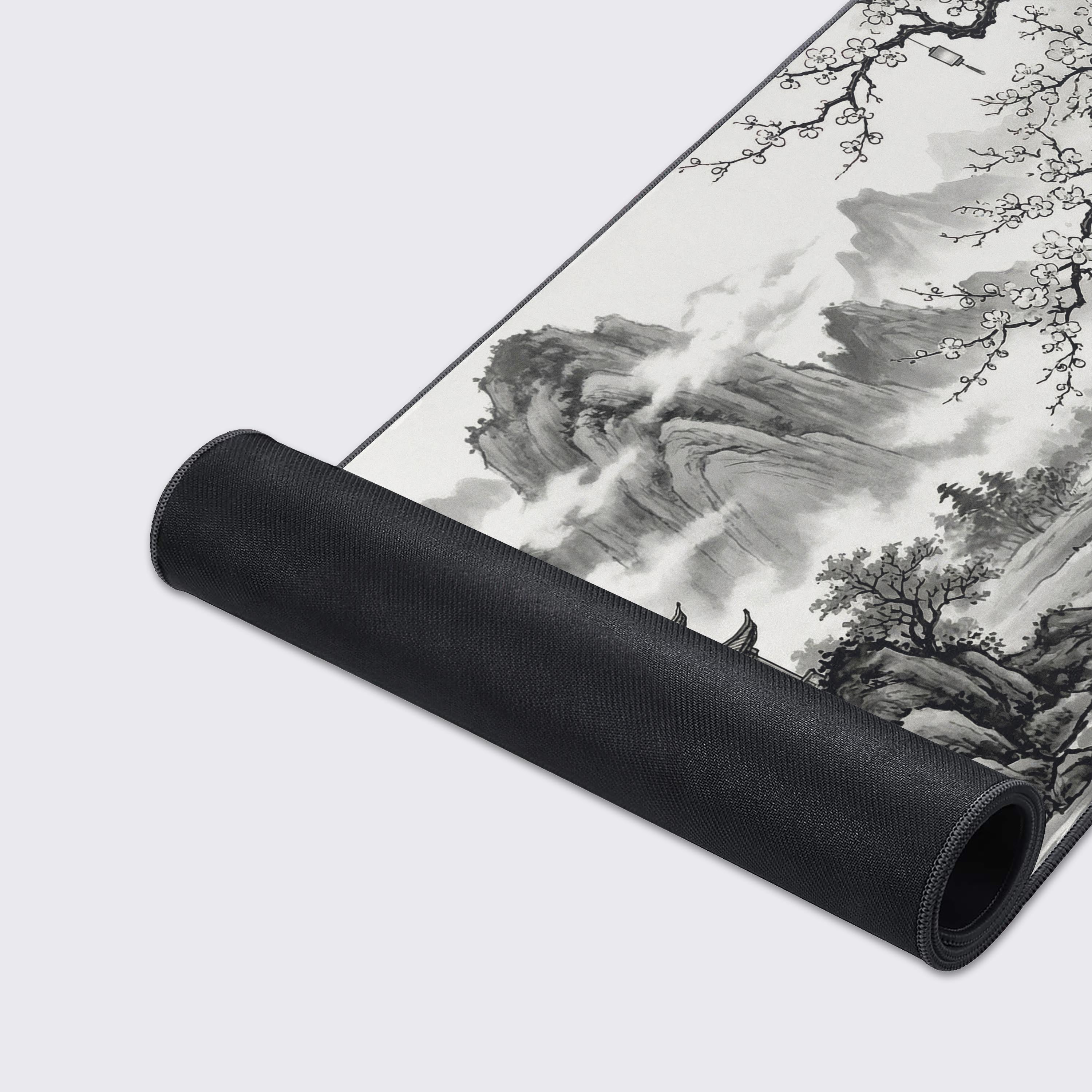 Close-up of the Mist & Mountain desk mat showcasing the high-quality stitched edges, water-resistant surface, and non-slip rubber base. - Epic Design Pads & Mousepads