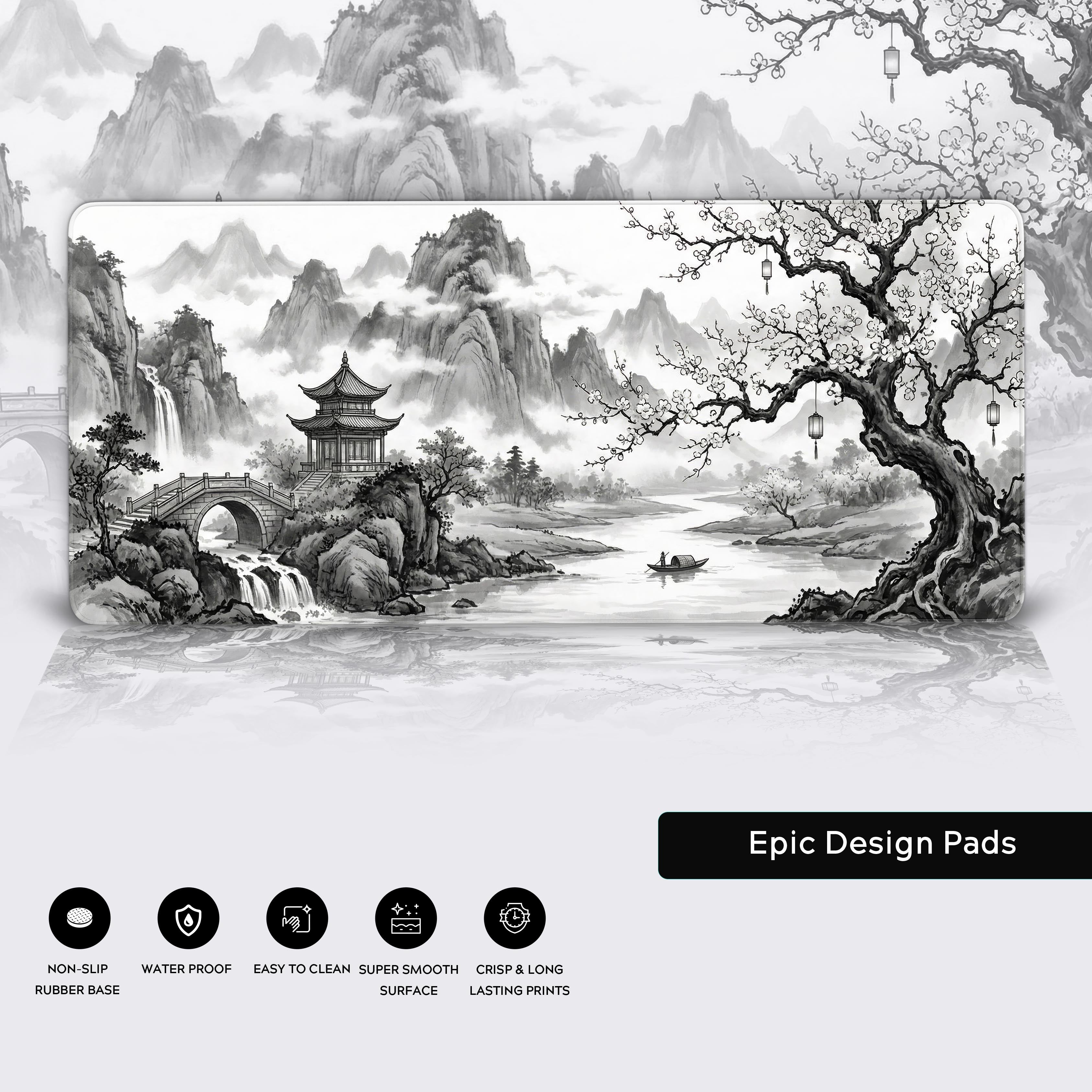 Epic Design Pads with black and white landscape design featuring mountains, trees, and a river.