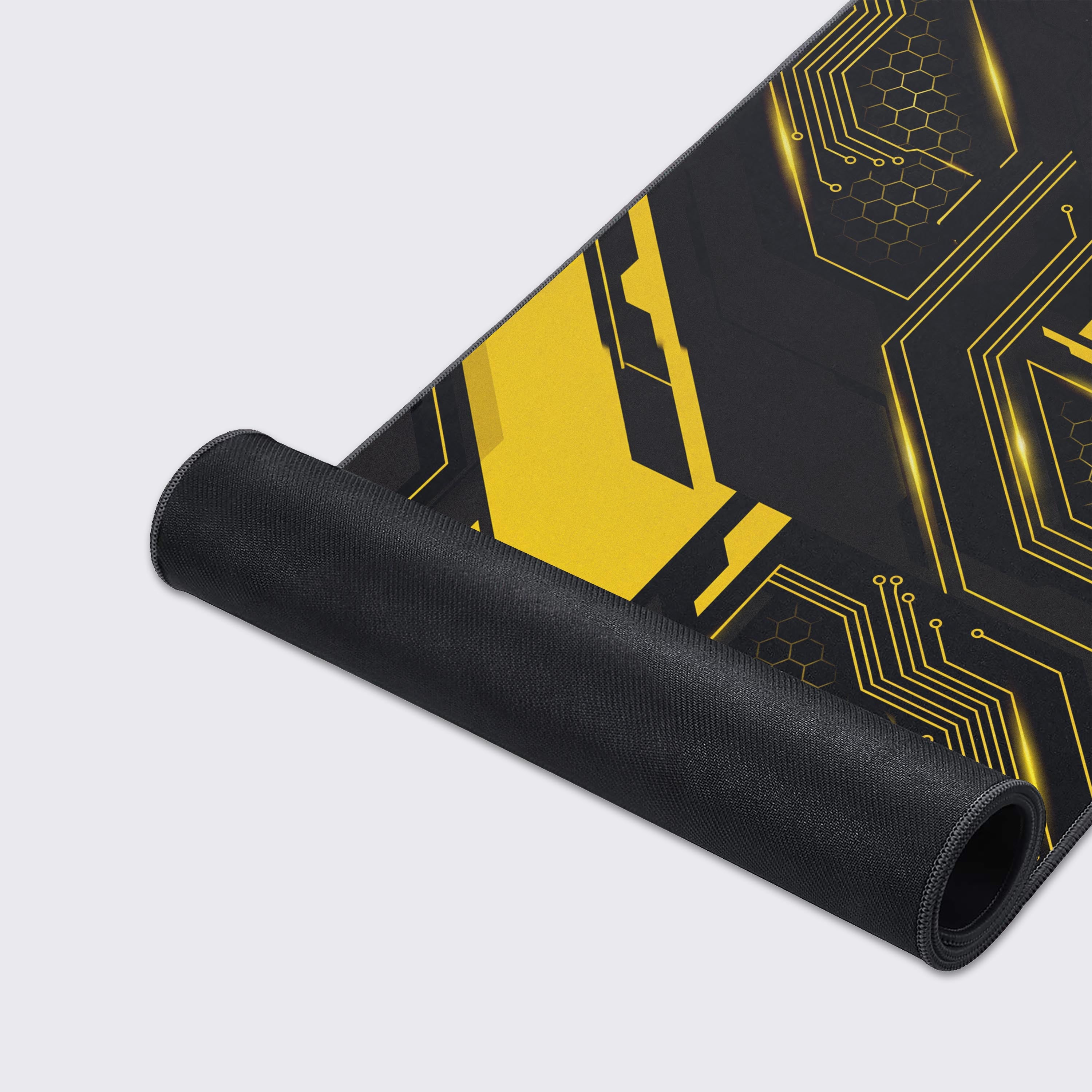 Close-up of the Cyber Circuit gaming desk mat, highlighting the durable stitched edges, non-slip rubber base, and detailed futuristic circuit pattern. - Epic Design Pads & Mousepads