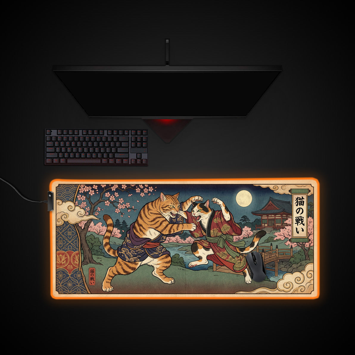 Feline Tussle desk mat with RGB edge lighting
