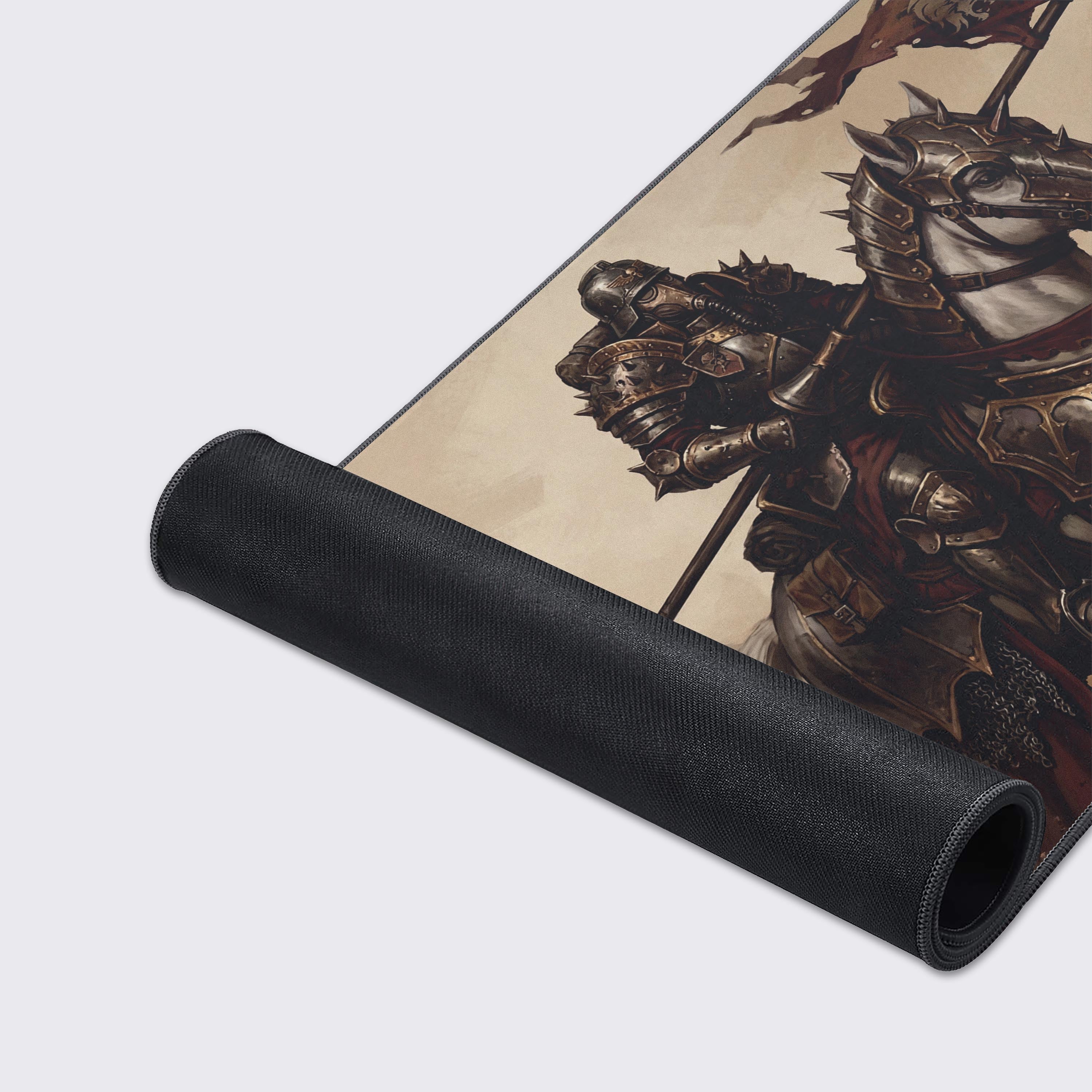 Iron Cavalry dystopian knight desk mat - detailed view of the premium stitched edges and non-slip rubber base. - Epic Design Pads & Mousepads