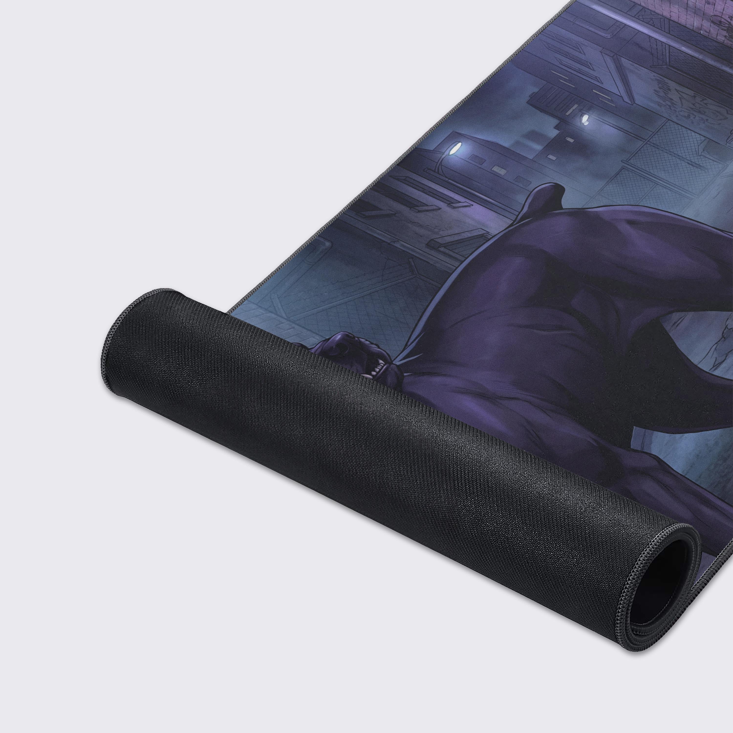 Close-up of the Urban Guardian desk mat highlighting the durable stitched edges, water-resistant surface, and the non-slip rubber base. - Epic Design Pads & Mousepads