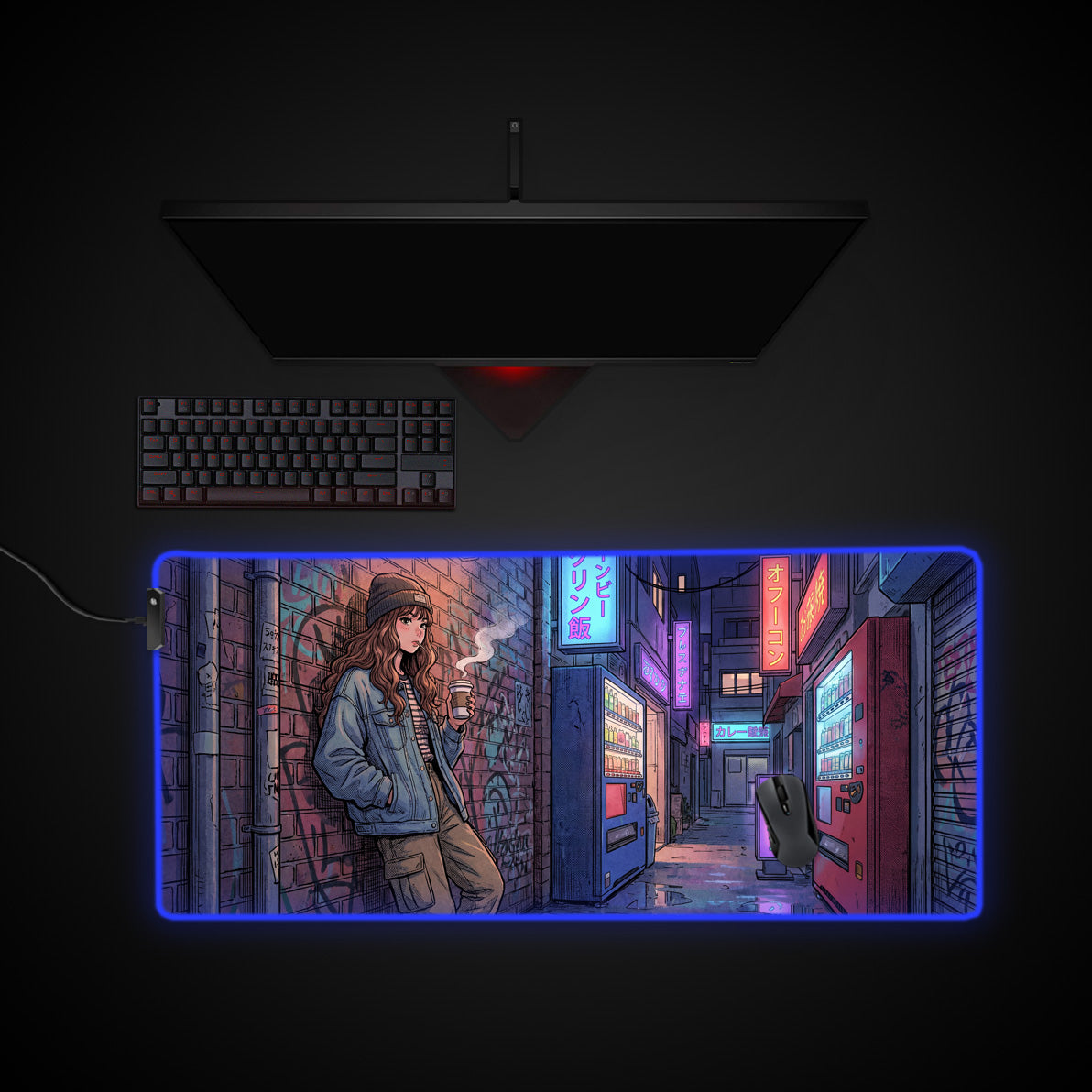 Neon Coffee Break desk mat with RGB edge lighting