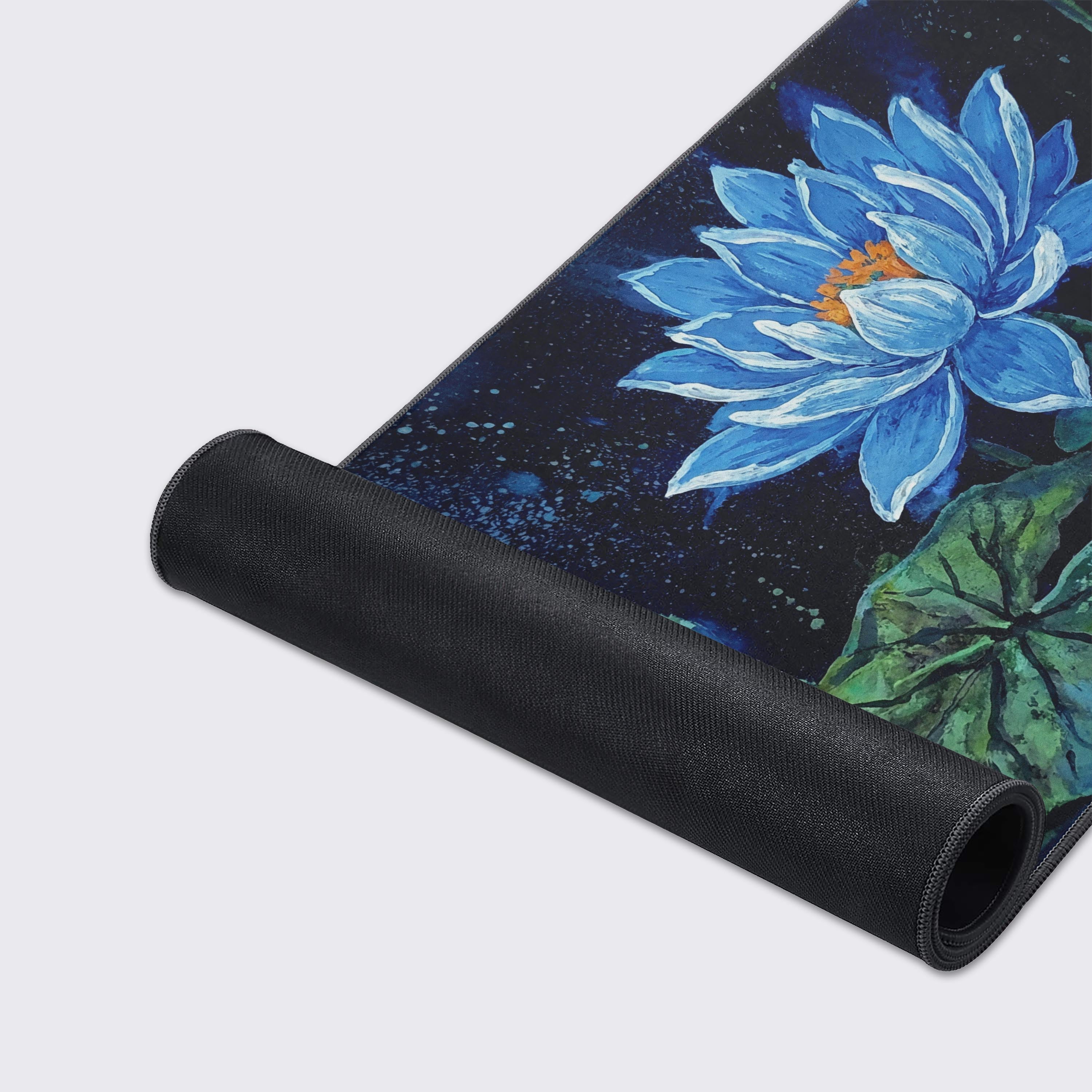 Close-up of the blue lotus desk mat showcasing its high-quality stitched edges, smooth glide surface, and non-slip rubber base for ultimate durability. - Epic Design Pads & Mousepads