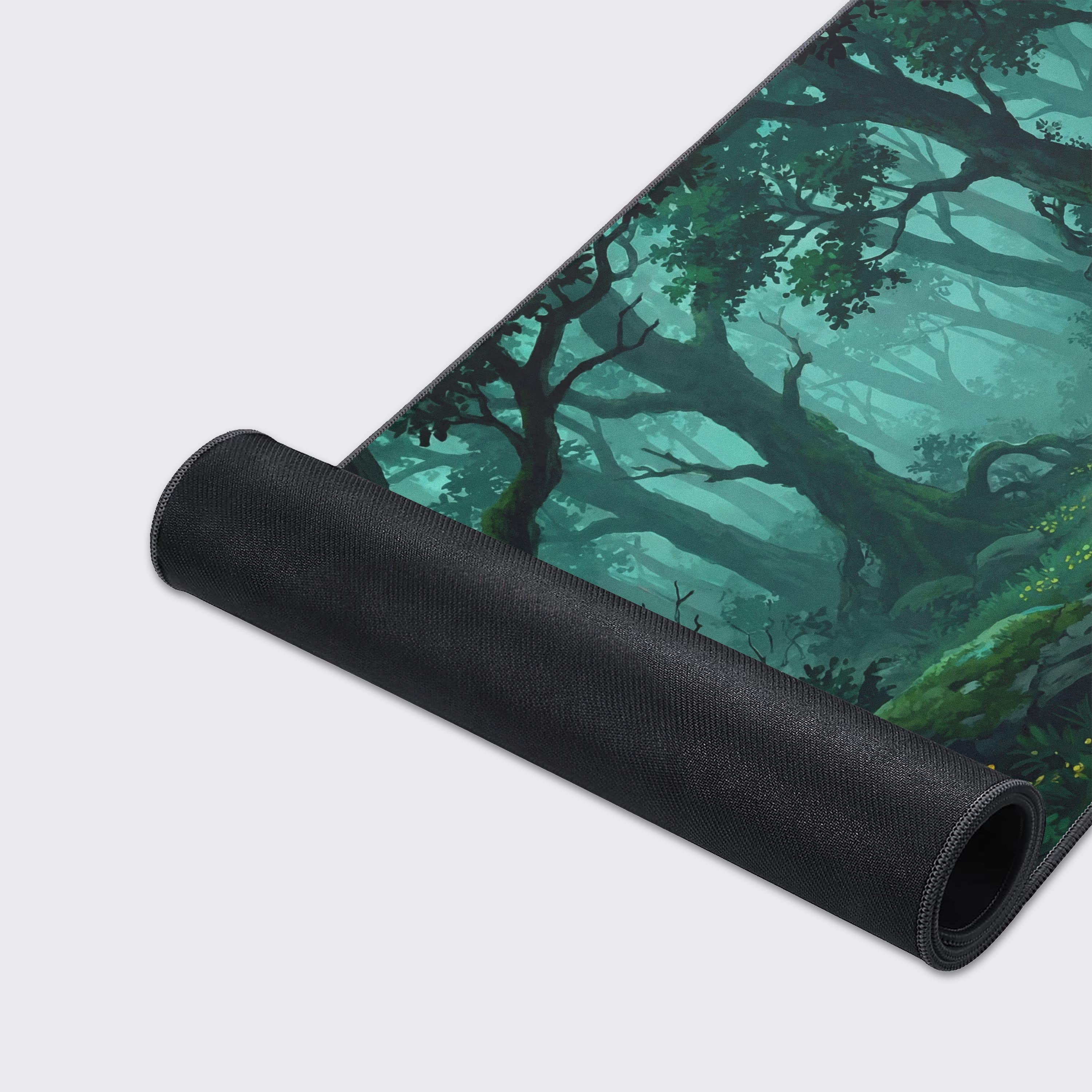 Close-up of the Verdant Path desk mat, highlighting the detailed misty grove artwork, durable stitched edges, and non-slip base. - Epic Design Pads & Mousepads