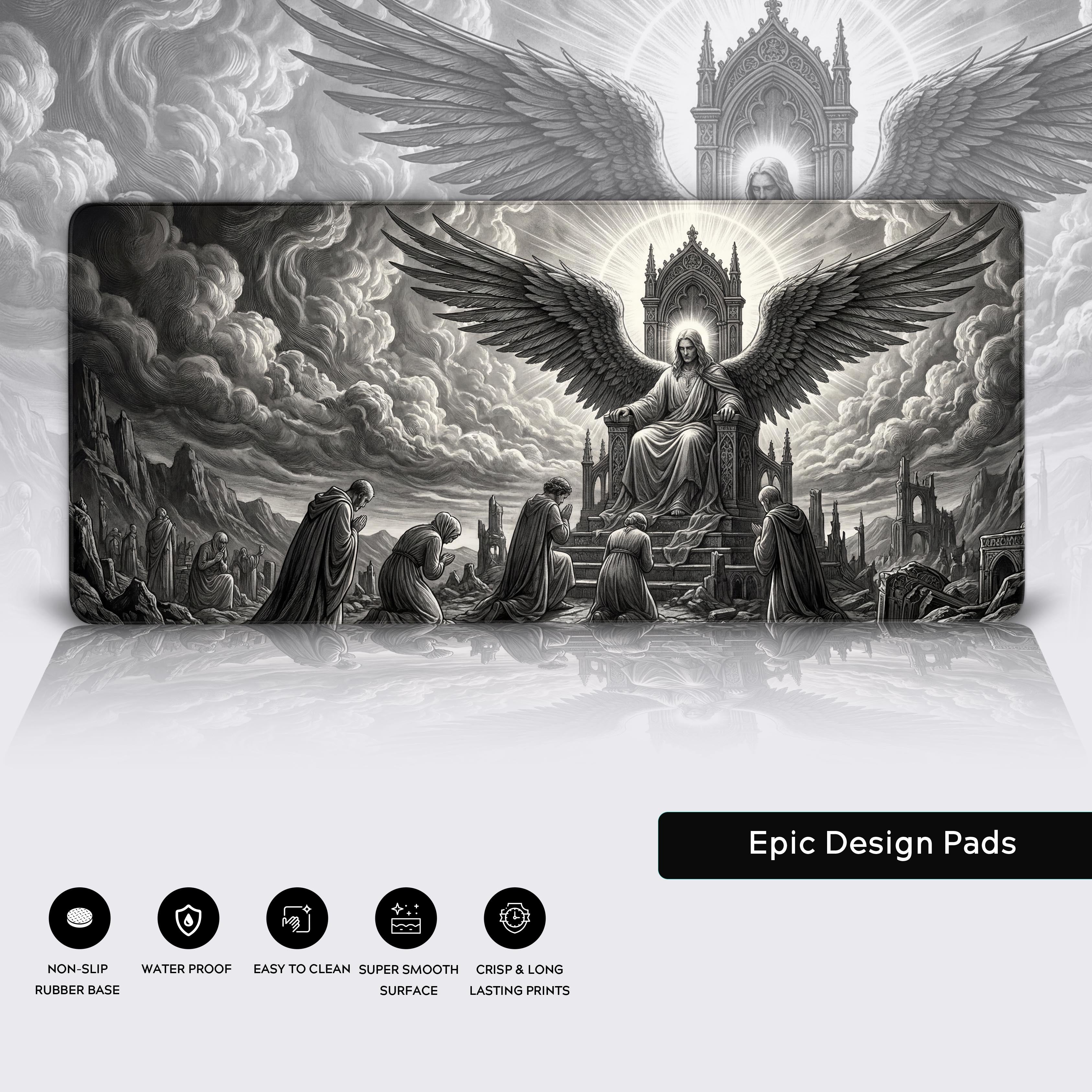 Divine Judgment desk mat showing product details like the high-quality stitched edges and non-slip rubber base. - Epic Design Pads & Mousepads