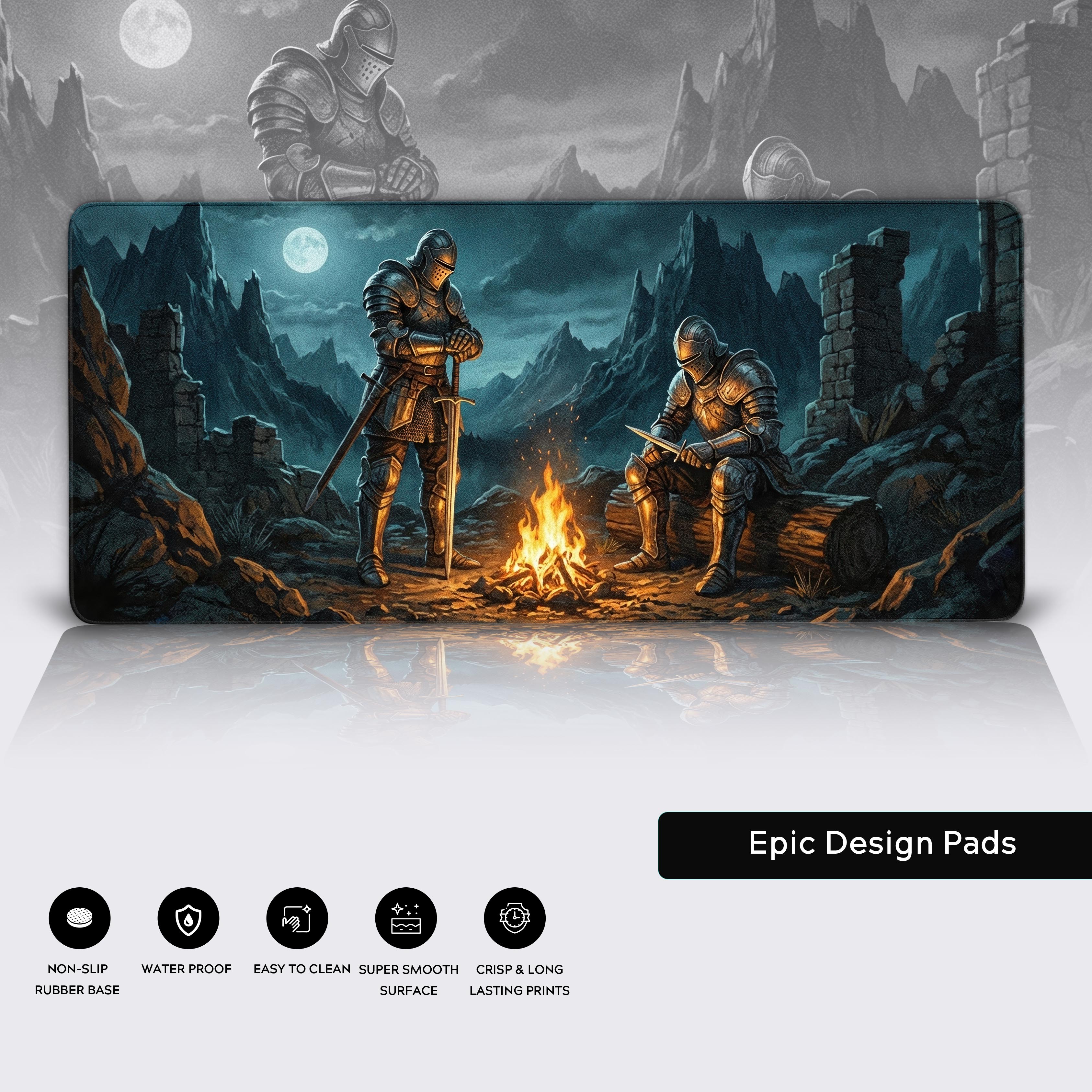 Close-up of the fantasy knight desk mat showing the detailed artwork, durable stitched edges, and smooth, water-resistant surface. The non-slip base is visible underneath. - Epic Design Pads & Mousepads