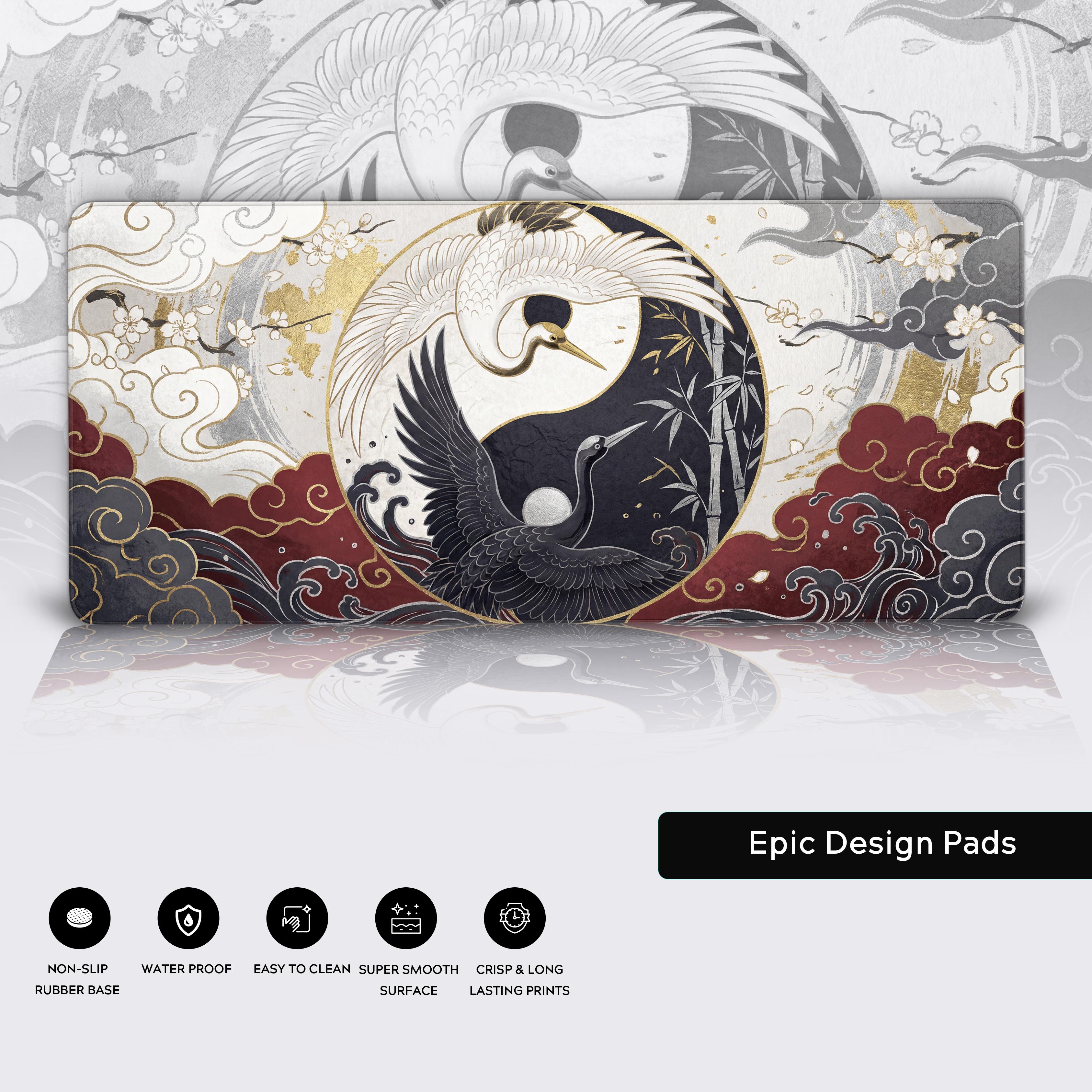 Close-up of the Crane's Harmony Japanese desk mat, highlighting the high-quality stitched edges, non-slip rubber base, and smooth, water-resistant surface. - Epic Design Pads & Mousepads