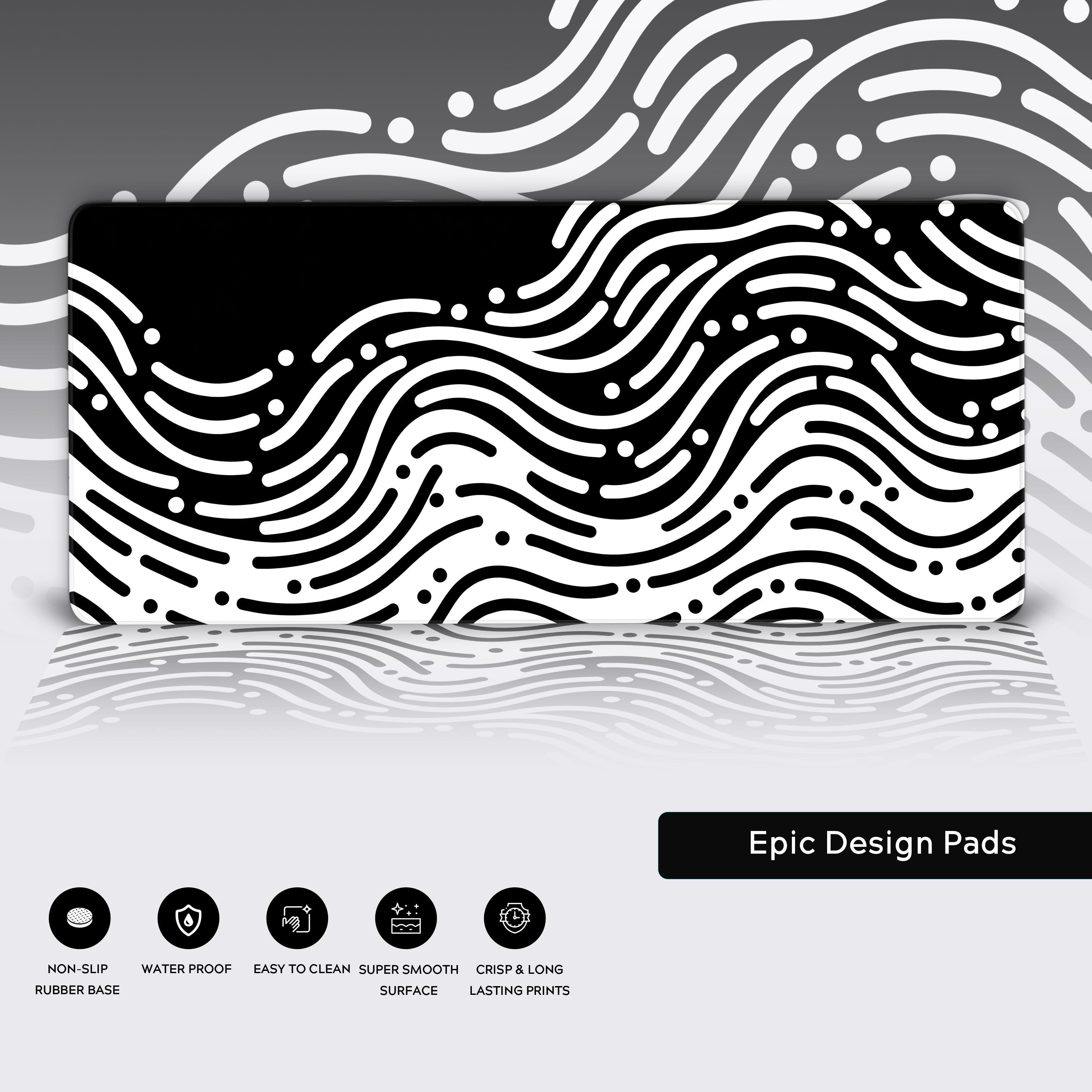 Close-up of the Kinetic Flow desk mat highlighting its premium stitched edges, smooth glide surface, and non-slip rubber base for superior performance and durability. - Epic Design Pads & Mousepads