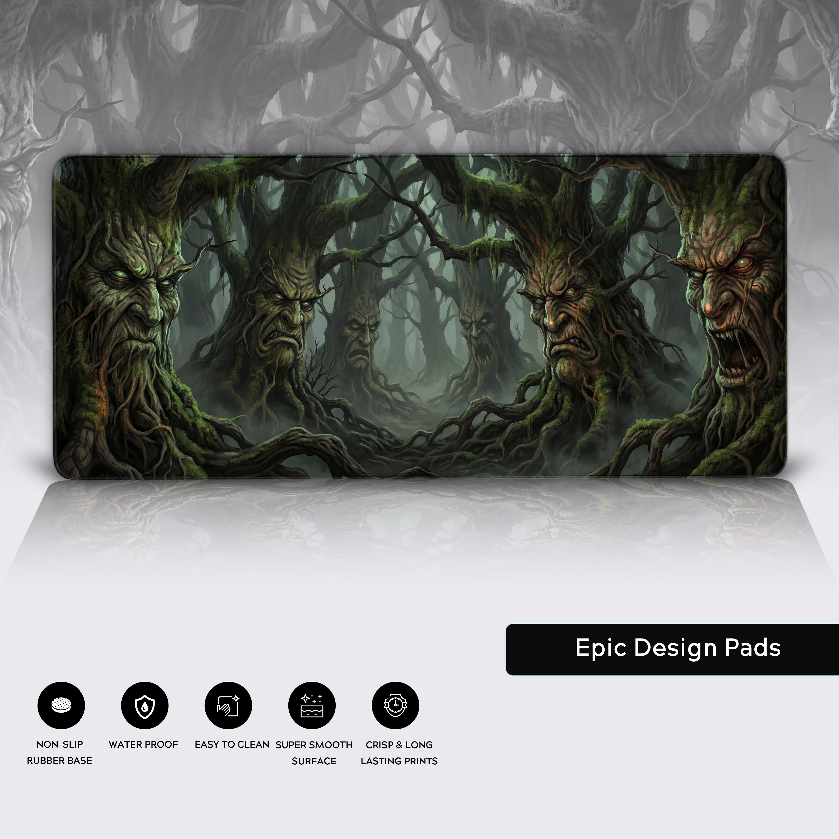 Close-up of the Ancient Watchers desk mat, highlighting the detailed dark forest artwork, premium stitched edges, and non-slip rubber base. - Epic Design Pads & Mousepads