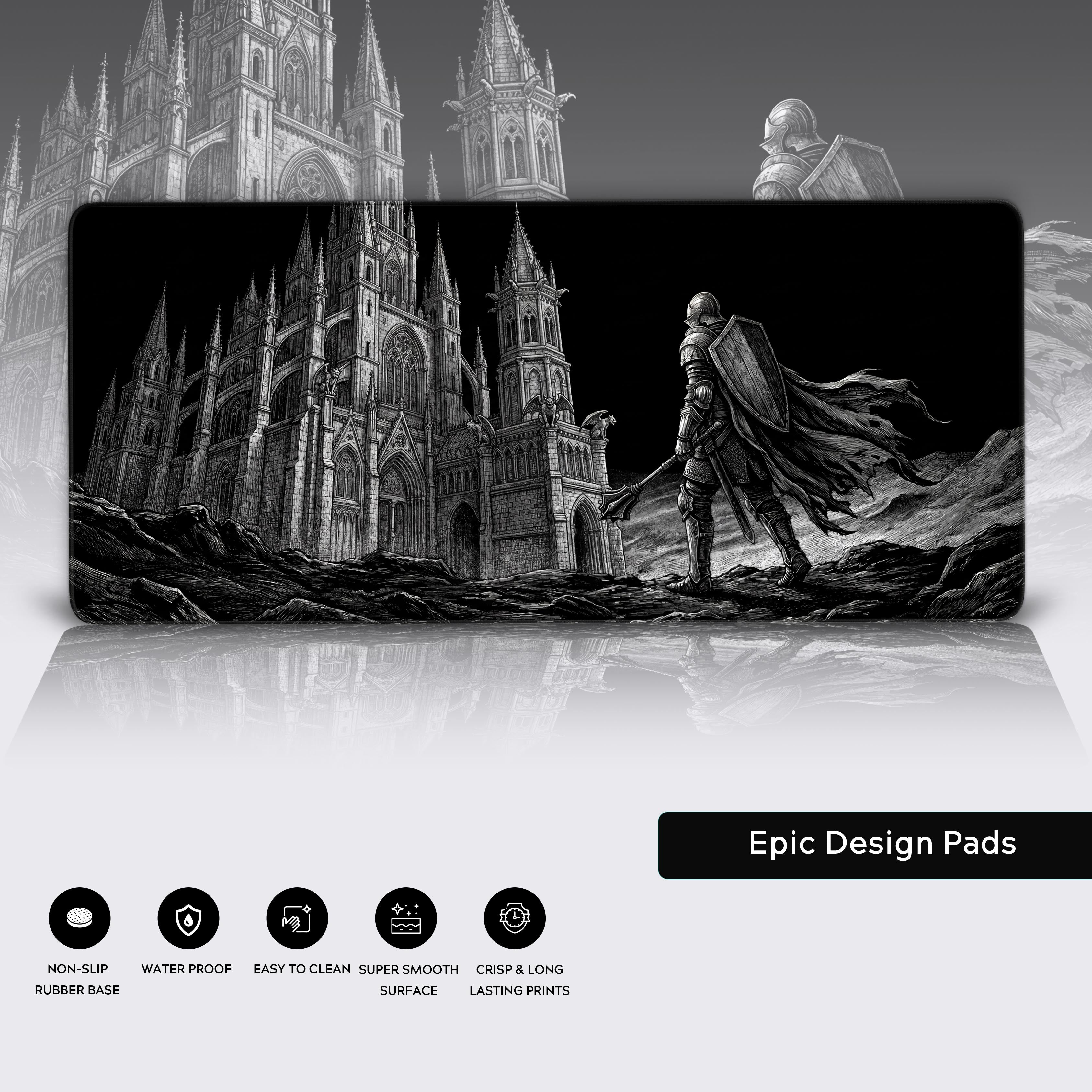Iron Resolve Gothic Knight desk mat showing details of the premium stitched edges, water-resistant surface, and non-slip base. - Epic Design Pads & Mousepads