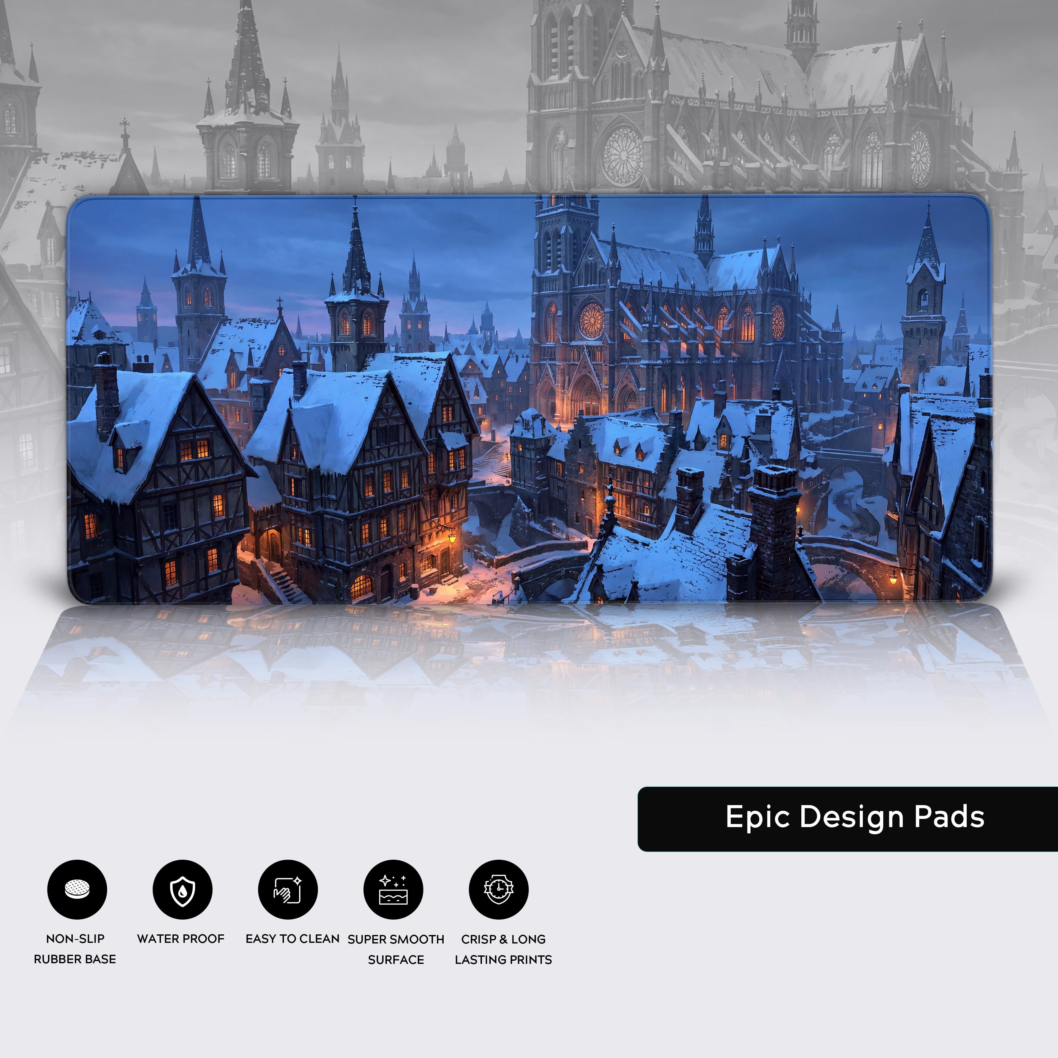 Winter Village gaming desk mat showcasing premium details like durable stitched edges and a non-slip rubber base. - Epic Design Pads & Mousepads