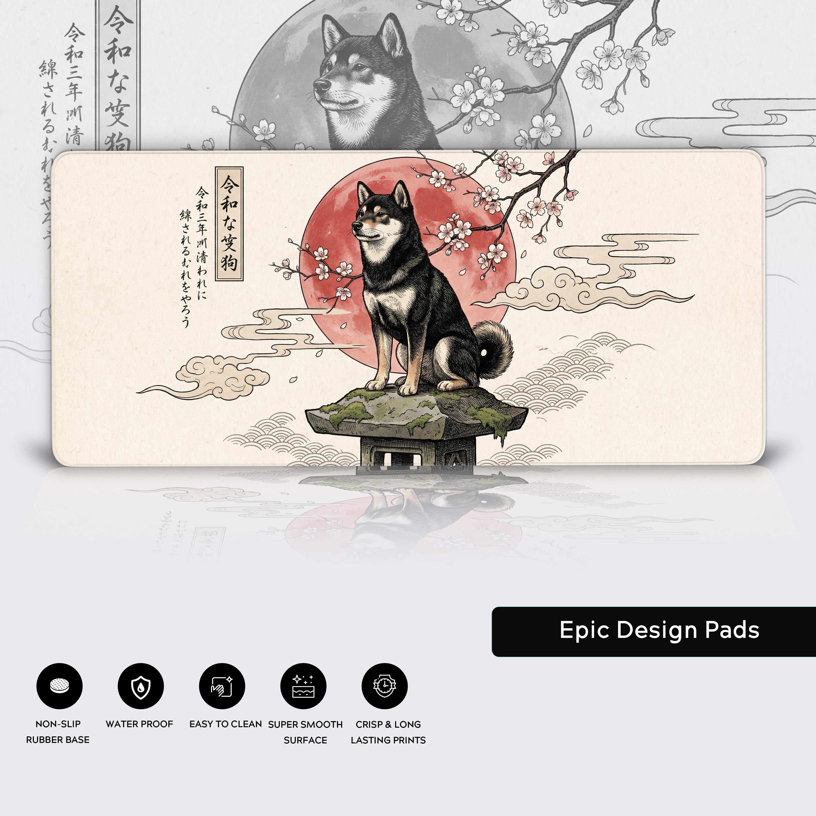 Close-up of the Shiba Guardian Japanese desk mat, highlighting the high-quality stitched edges, non-slip rubber base, and detailed Ukiyo-e artwork. - Epic Design Pads & Mousepads