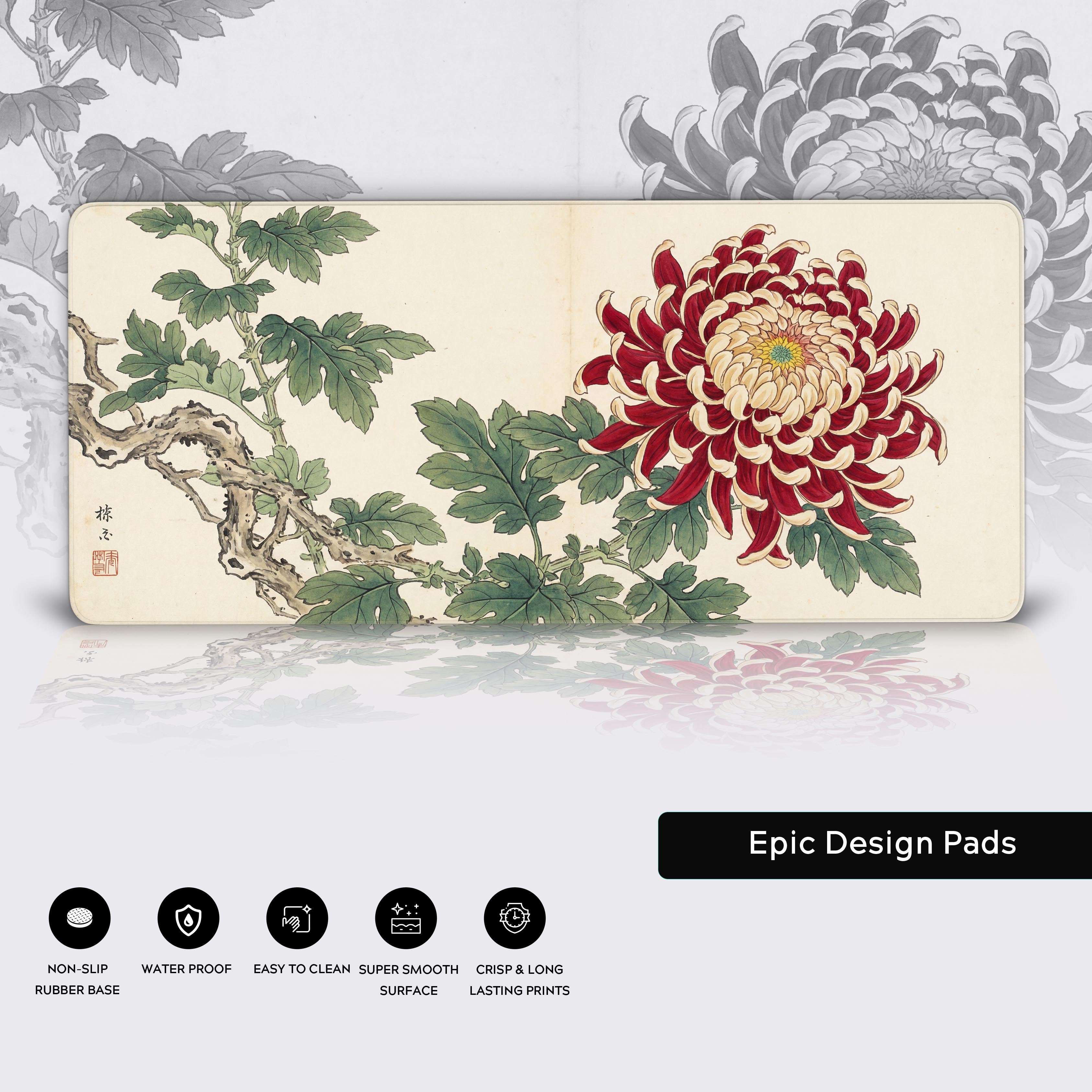 Close-up of the Imperial Bloom Japanese desk mat. Highlighting the water-resistant surface, stitched edges, and non-slip rubber base for durability. - Epic Design Pads & Mousepads