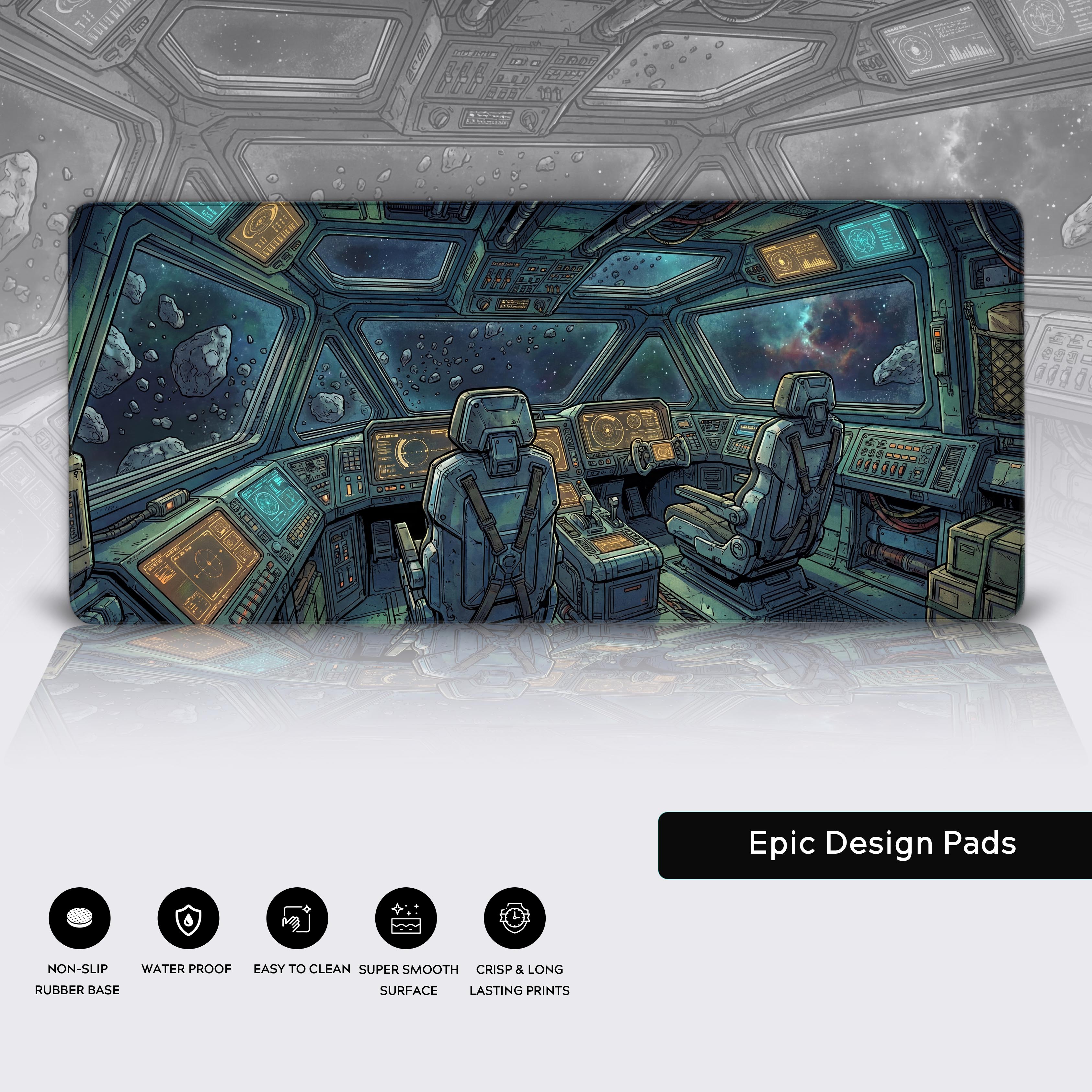 Close-up of the Deep Drift sci-fi desk mat, highlighting the high-quality stitched edges for durability and the non-slip rubber base for stability. - Epic Design Pads & Mousepads