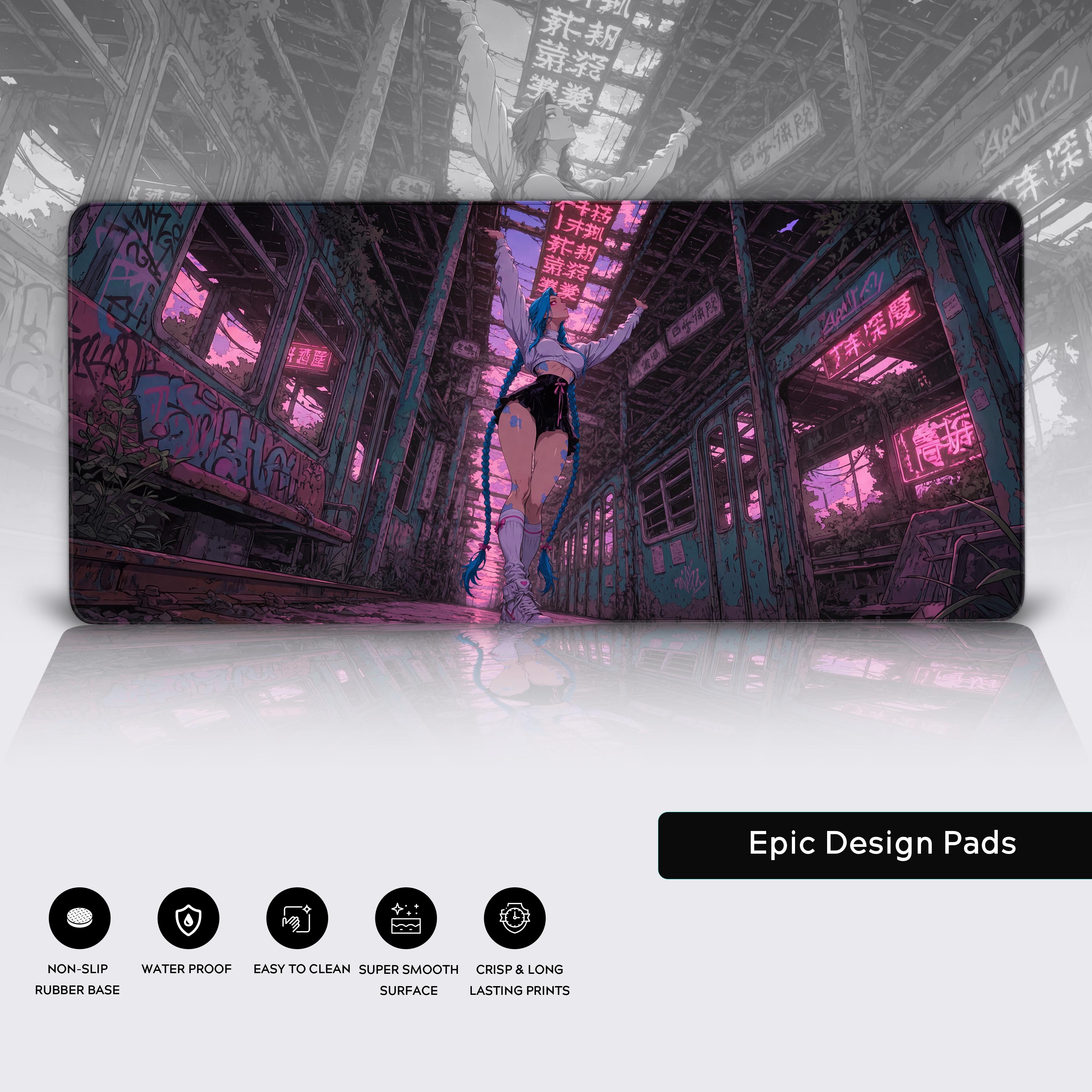 Close-up of the Rebel Decay desk mat highlighting the durable stitched edges, water-resistant surface, and non-slip rubber base. - Epic Design Pads & Mousepads