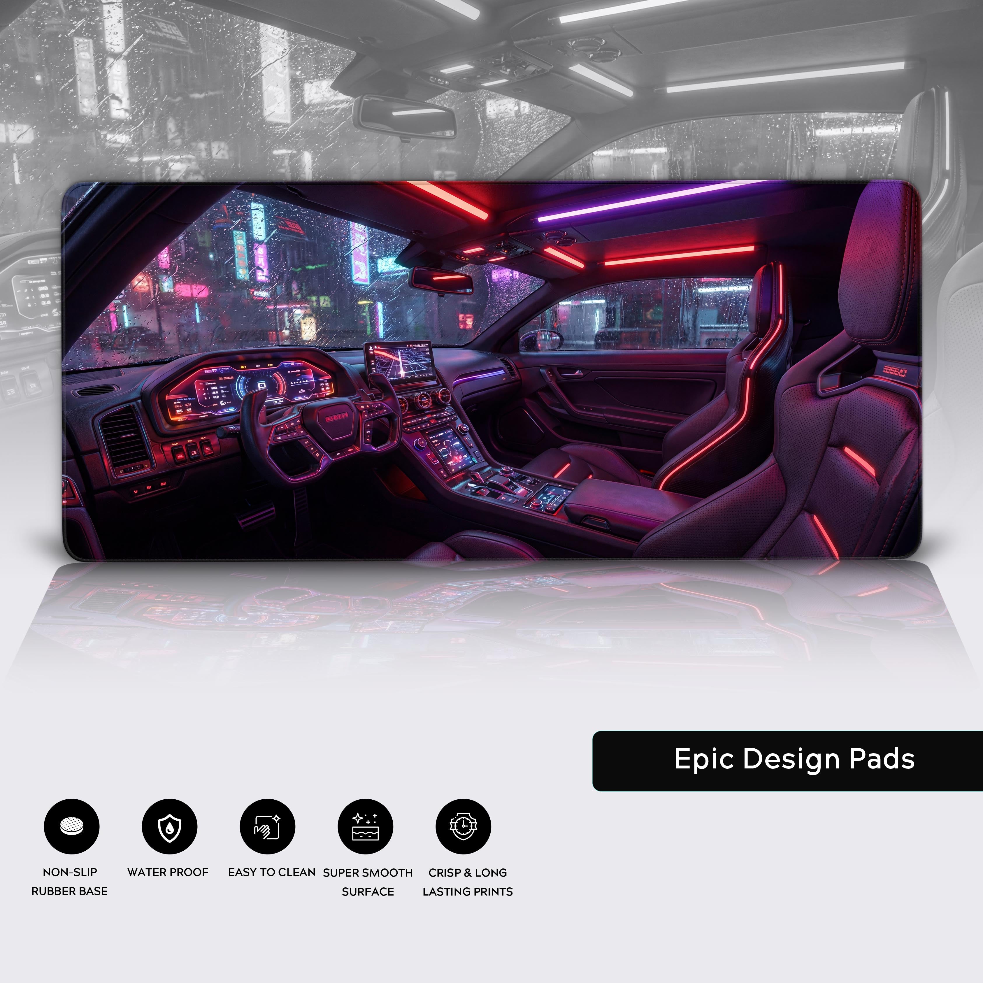Cyber Cockpit cyberpunk desk mat close-up – showcasing the premium stitched edges, water-resistant surface, and non-slip rubber base for stability. - Epic Design Pads & Mousepads