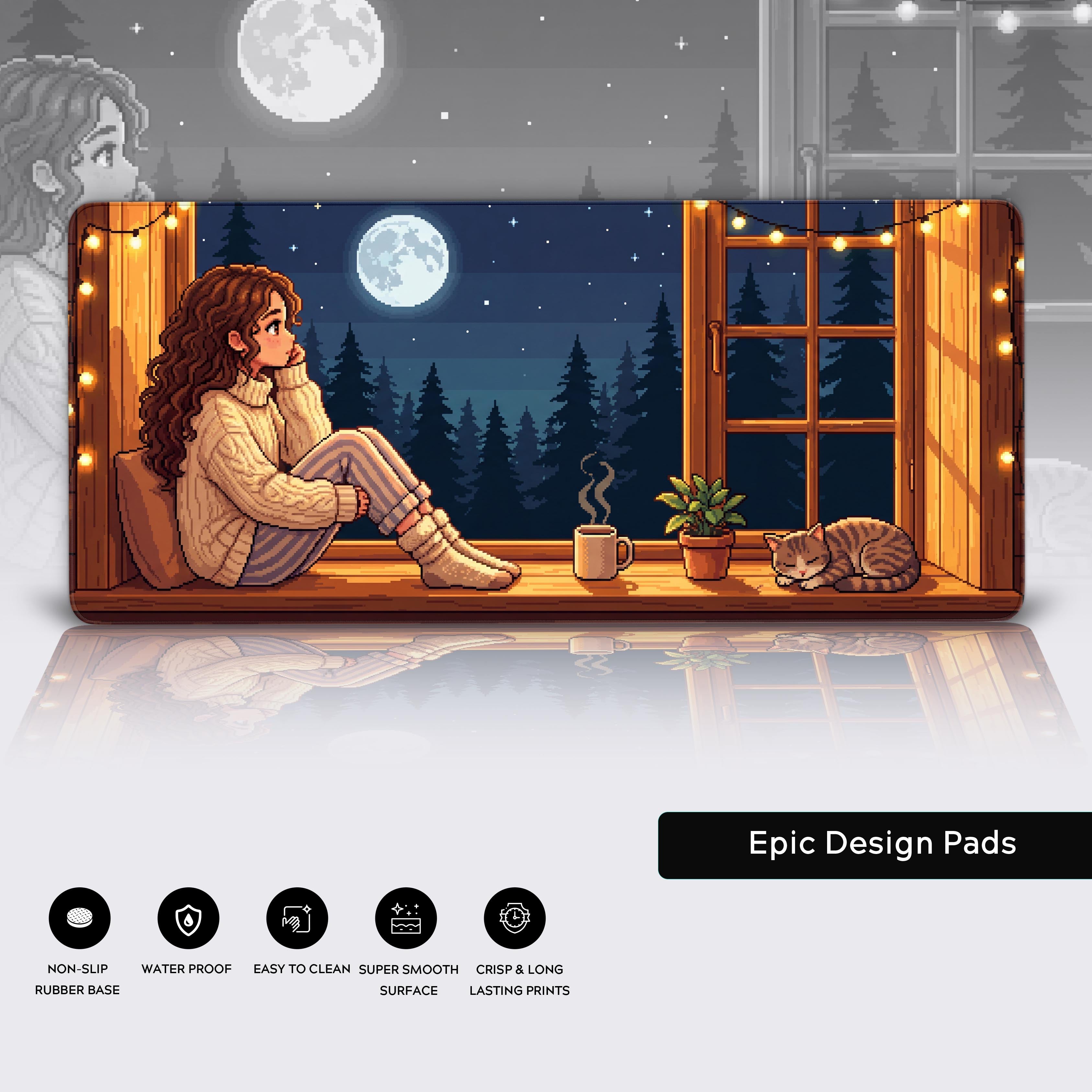 Pixel art desk mat featuring the 'Pixel Moonlight' cabin design. Close-up view highlights the smooth surface, stitched edges, and non-slip rubber base. - Epic Design Pads & Mousepads