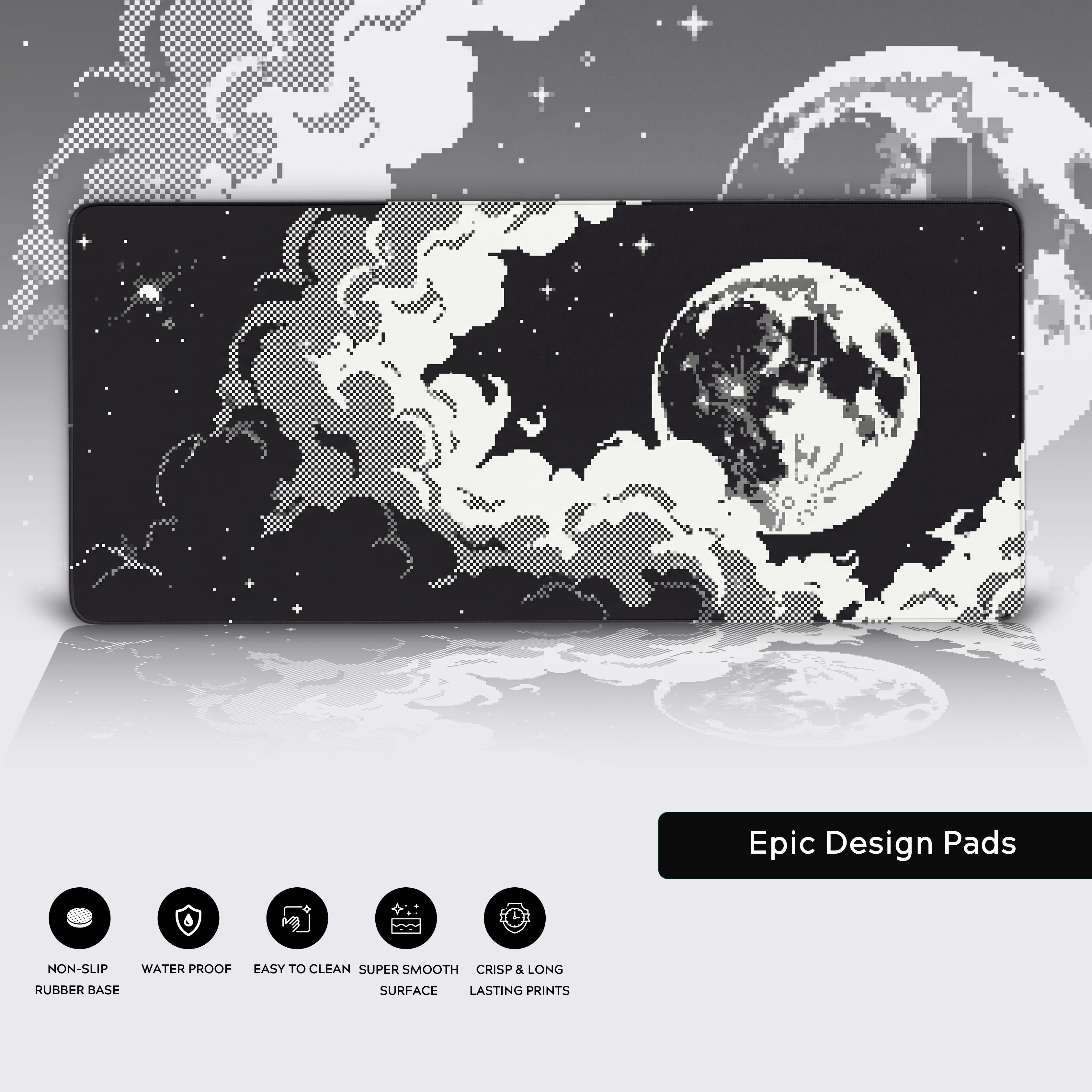 Close-up of the Lunar Static black and white desk mat, highlighting the high-quality stitched edges and the non-slip rubber base for stability. - Epic Design Pads & Mousepads
